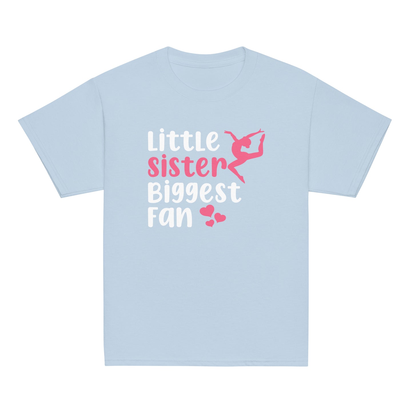 Gymnastics t-shirt in light blue with pink 'Little sister Biggest fan' and gymnast graphic