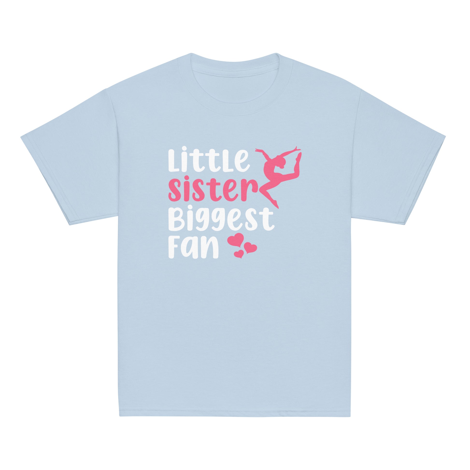 Gymnastics t-shirt in light blue with pink 'Little sister Biggest fan' and gymnast graphic