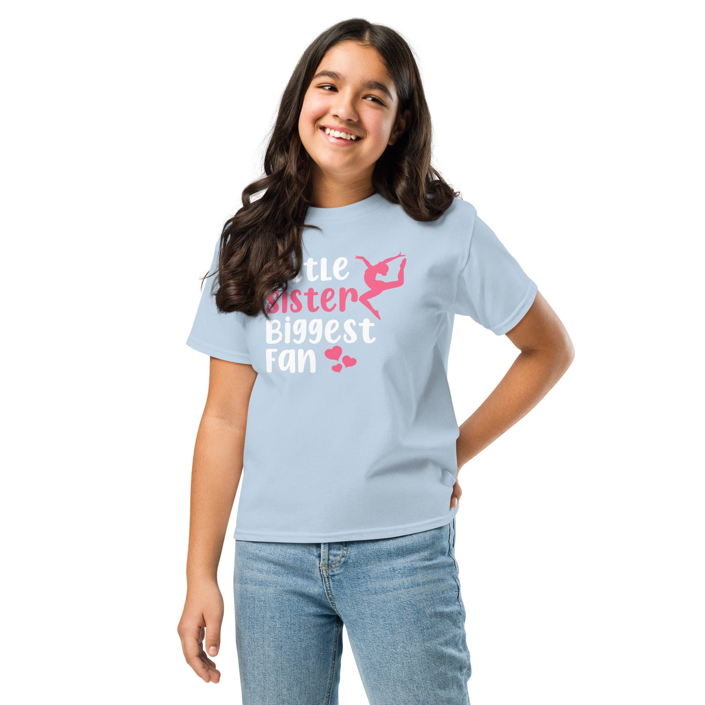 Kids light blue gymnastics T-shirt with pink gymnast icon and “Biggest Fan” lettering
