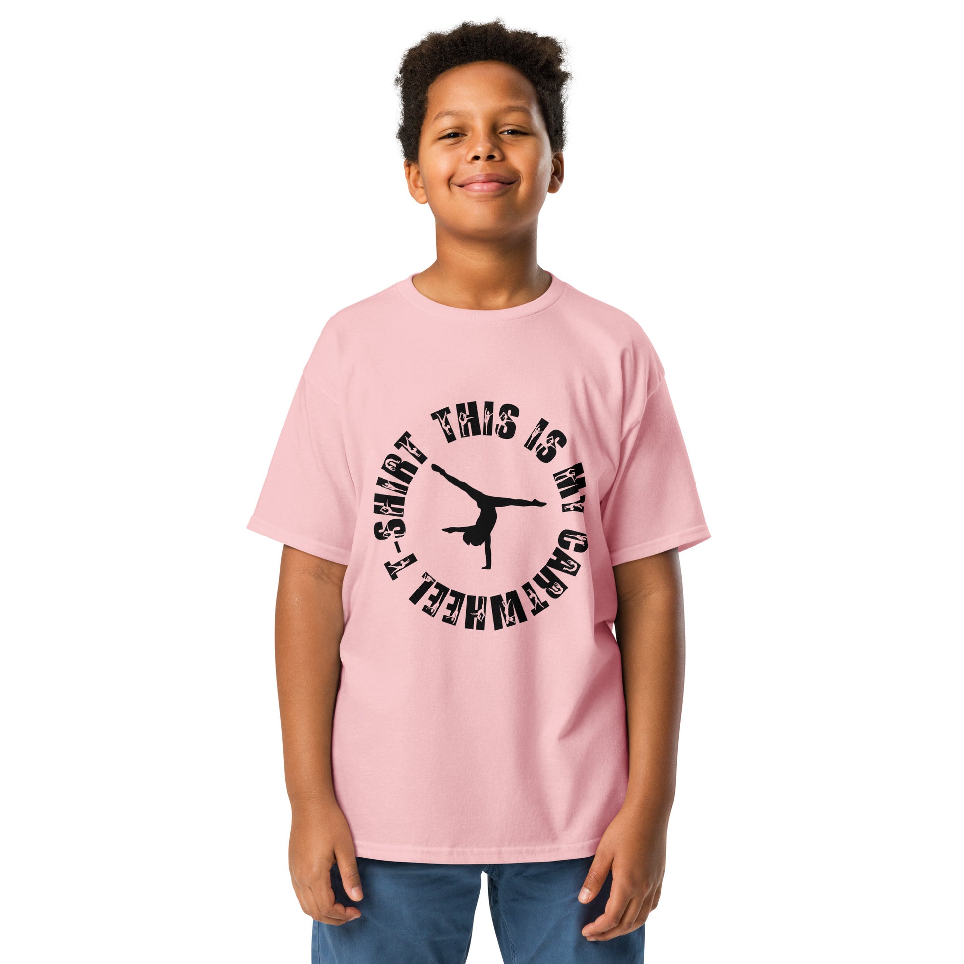 Kids gymnastics T-shirt in pink, short sleeves, black dancer graphic