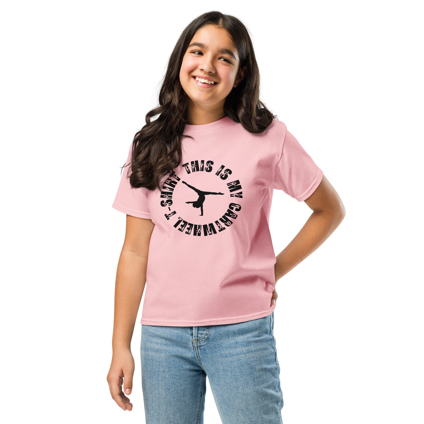 Kids gymnastics T-shirt in pink with black gymnast silhouette graphic