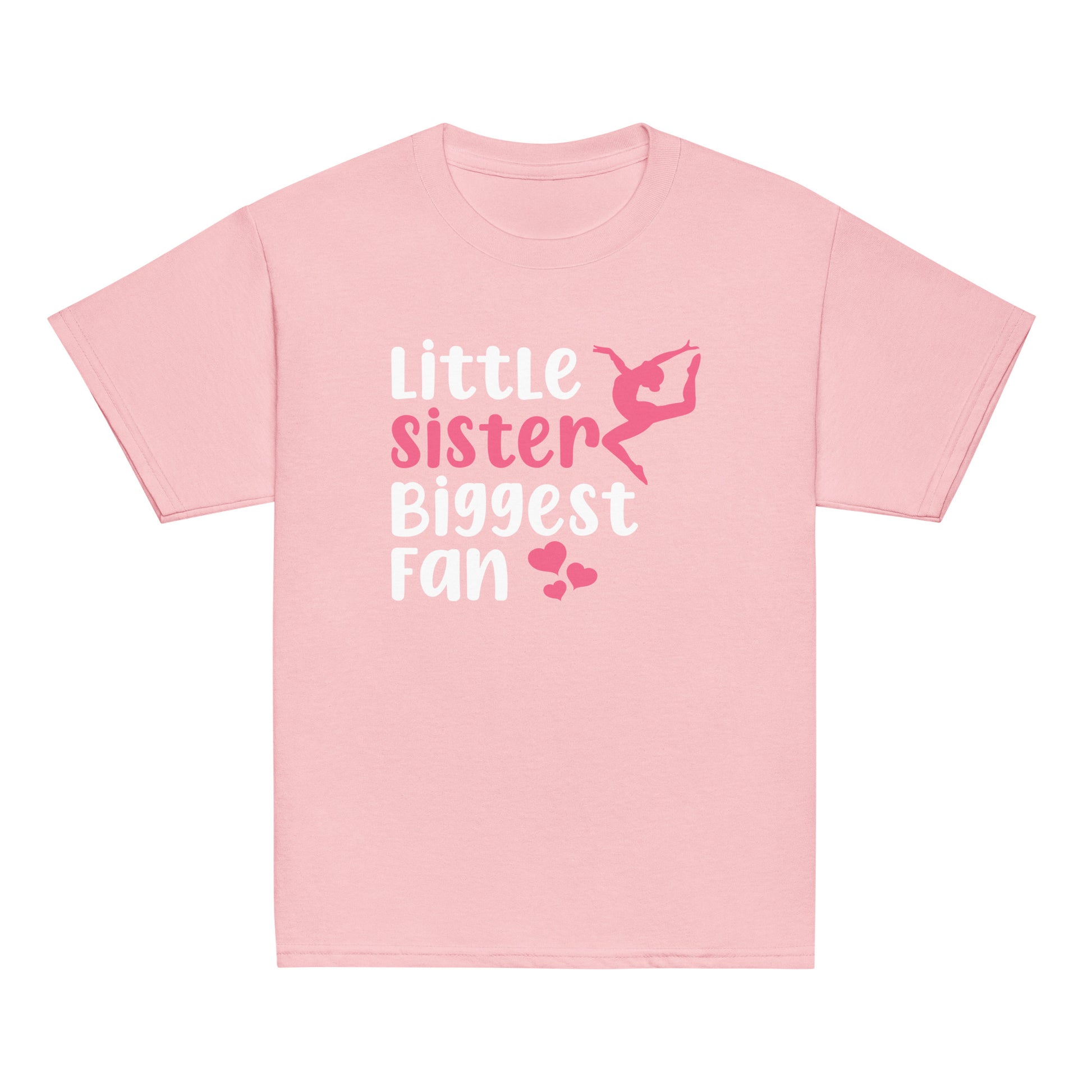Light pink kids gymnastics T-shirt with white “Little sister Biggest fan” graphic and pink details