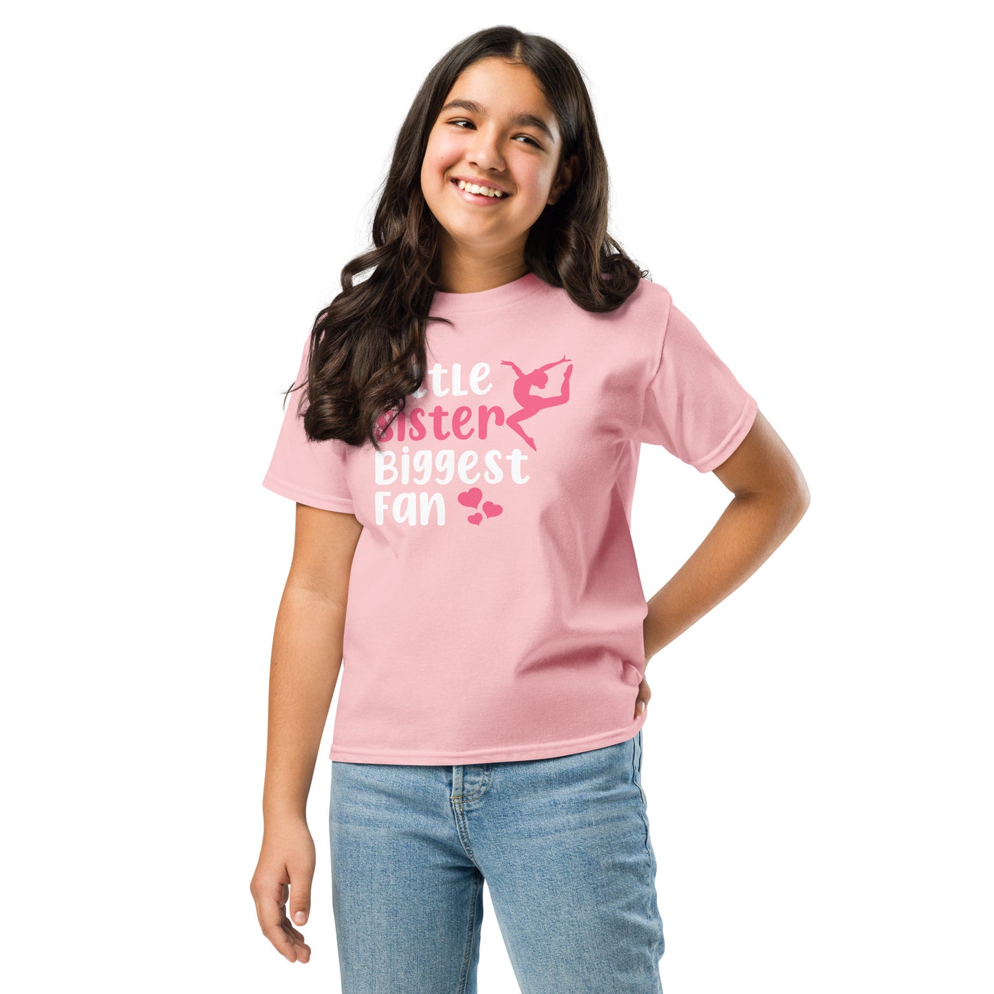 Kids light pink gymnastics T-shirt with pink gymnast icon and “Little Sister” text