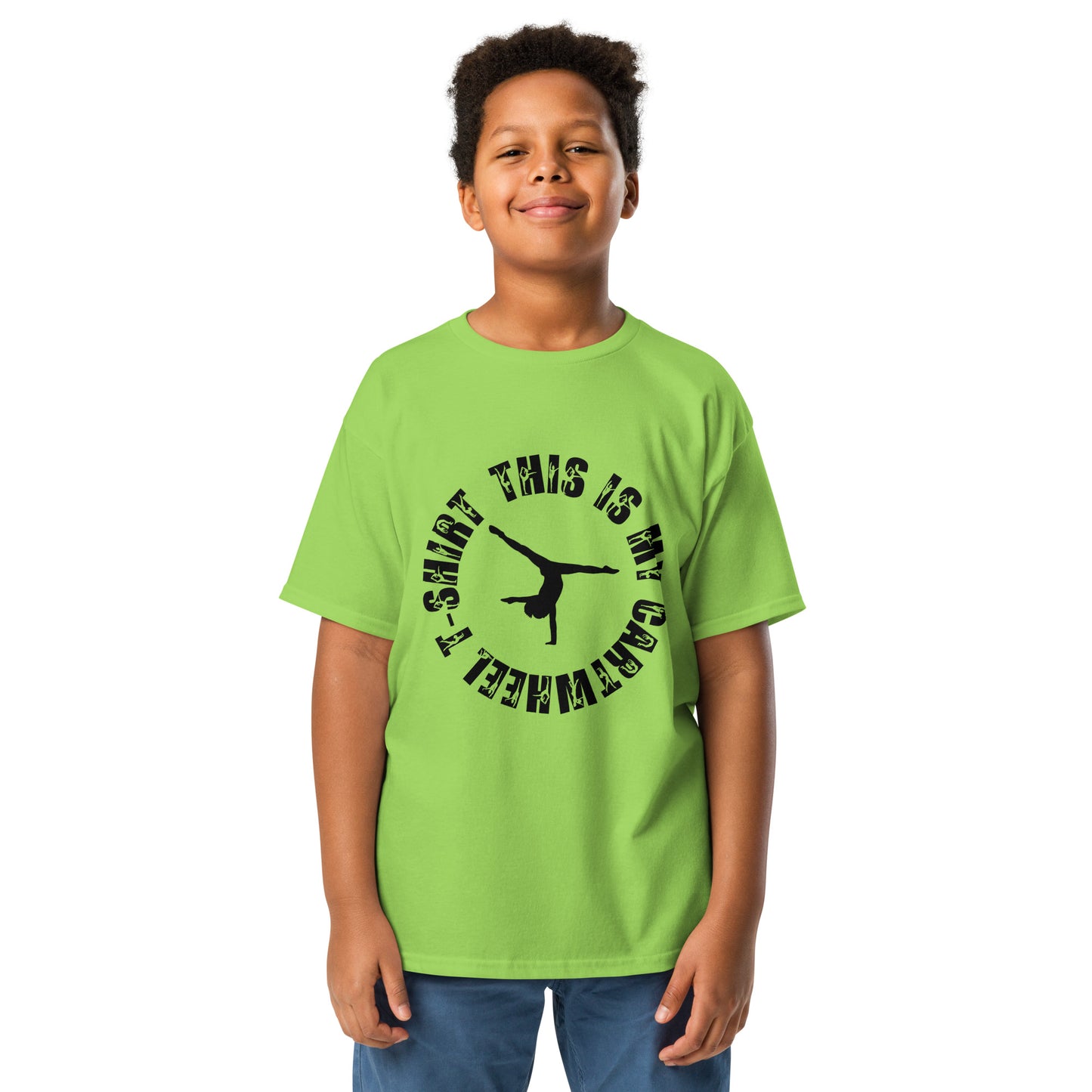 Kids gymnastics T-shirt in lime green, short sleeves, black dancer graphic