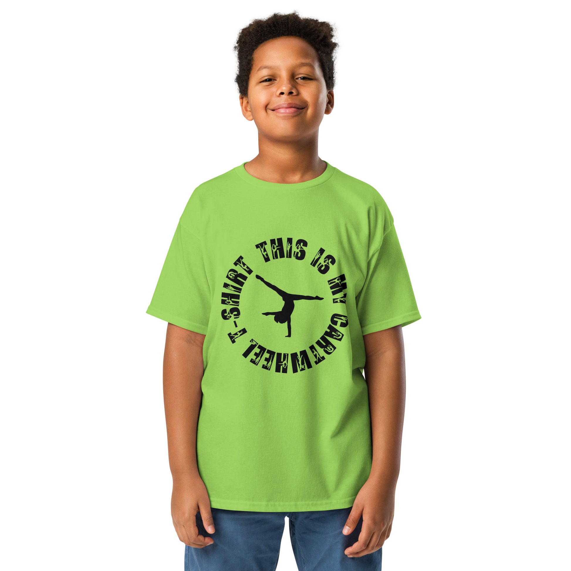 Kids gymnastics T-shirt in lime green, short sleeves, black dancer graphic