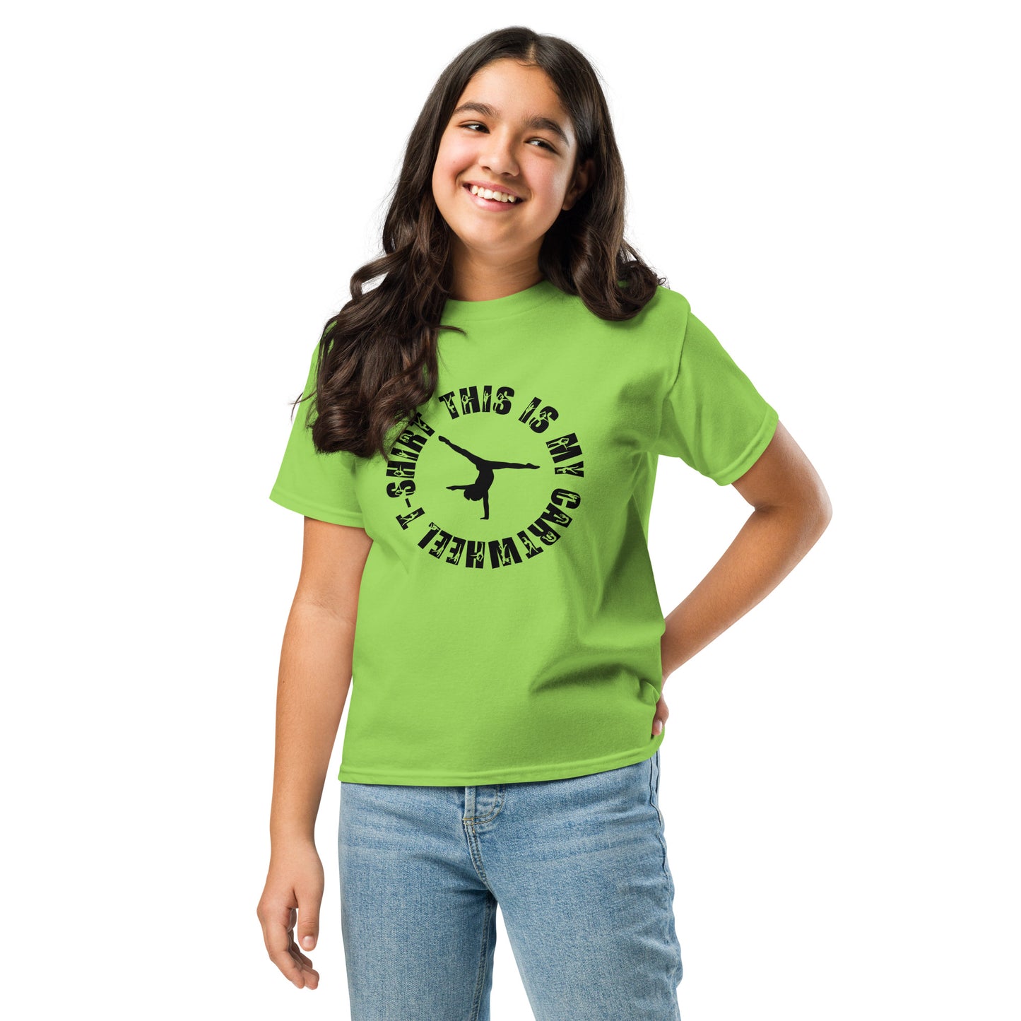 Kids gymnastics T-shirt in lime green with black gymnast silhouette graphic