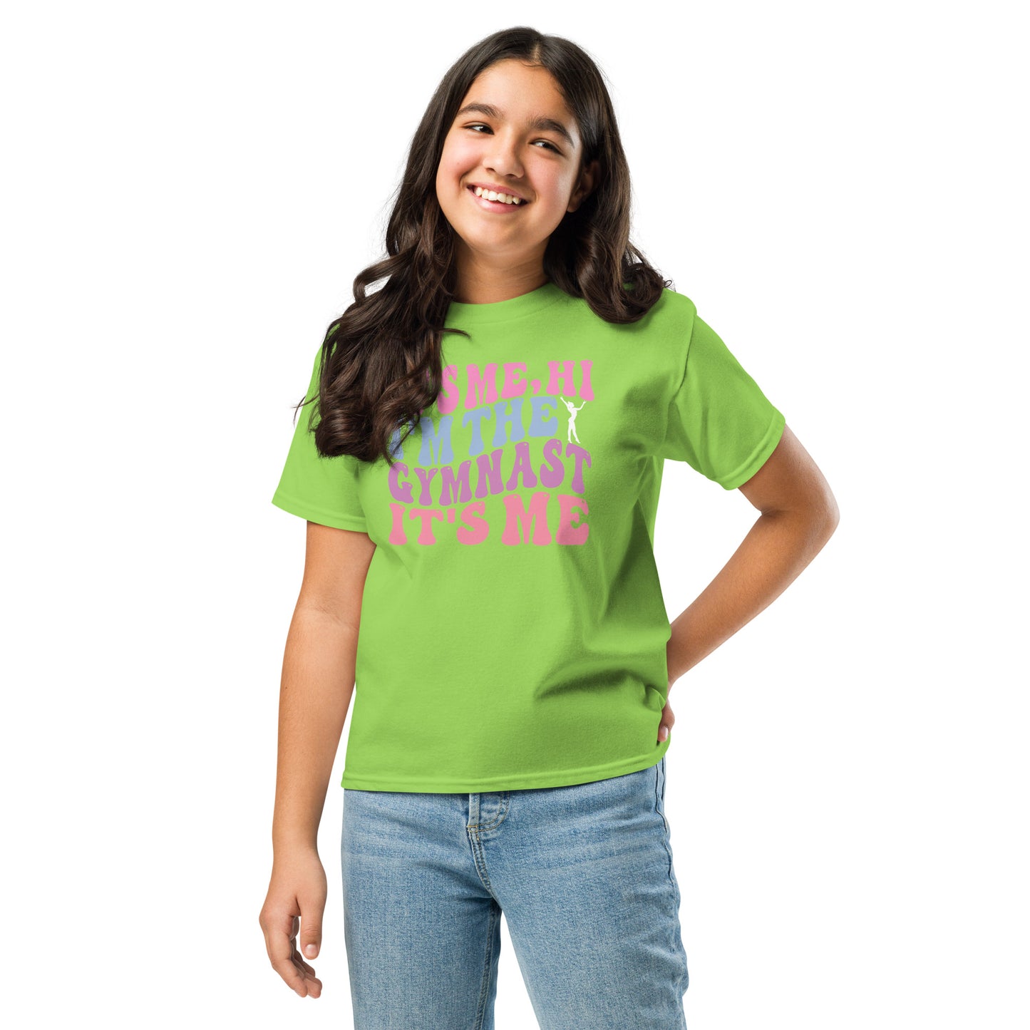 Kids lime green gymnast T-shirt with pink graphic text design at center chest
