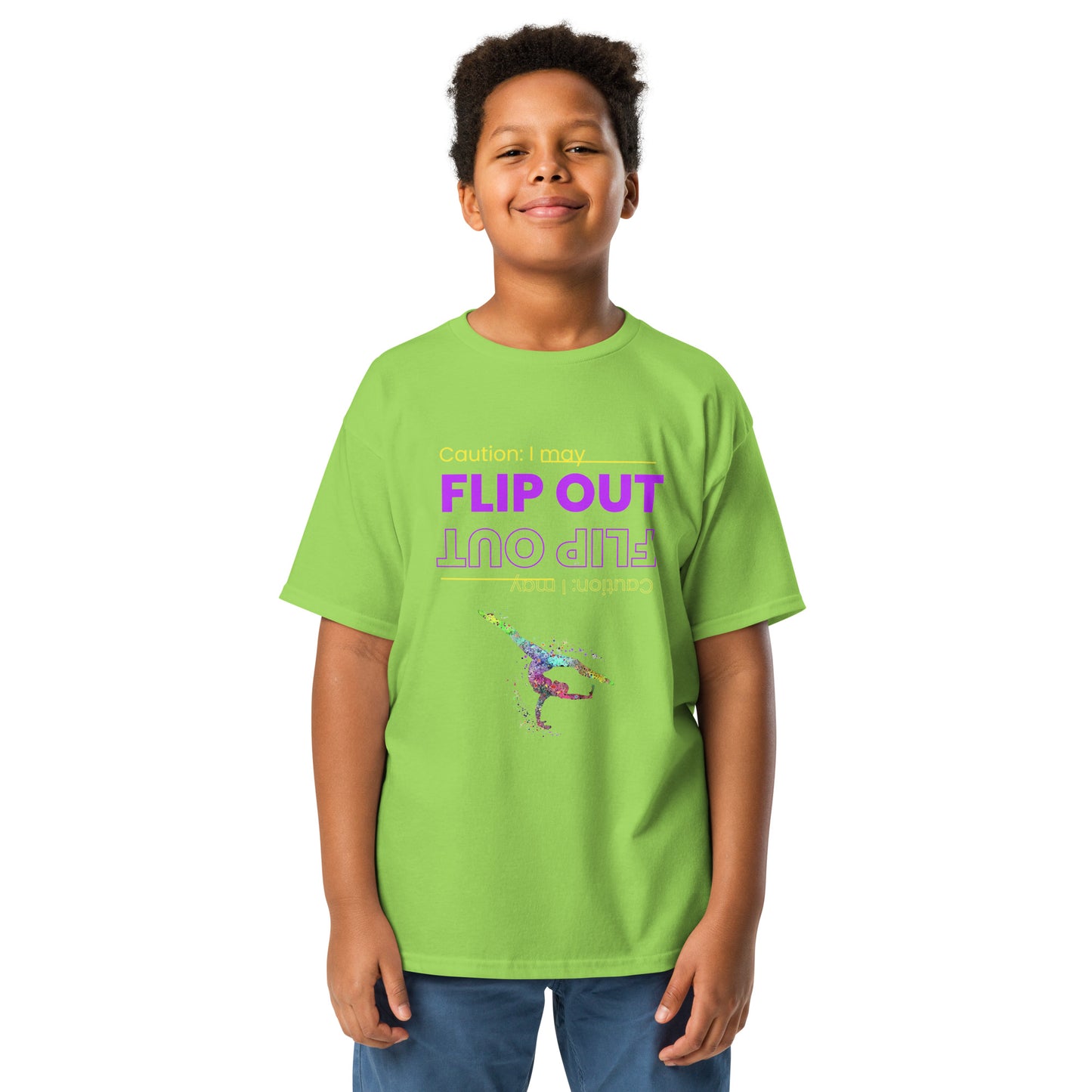 Kids gymnastics T-shirt, lime green, 'FLIP OUT' neon graphic with gymnast silhouette