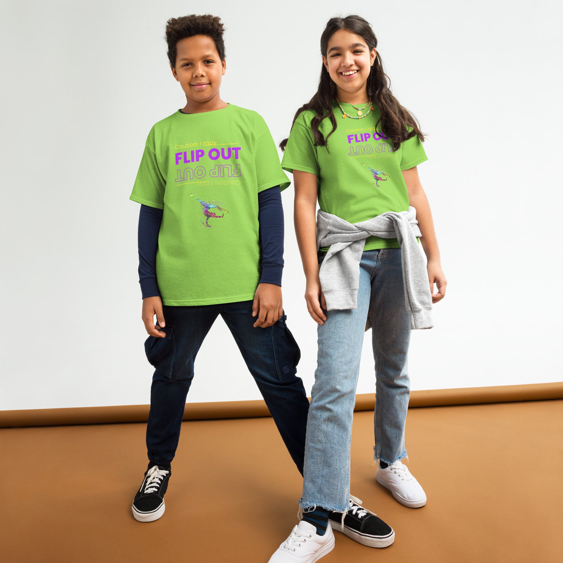Kids gymnastics T-shirt, lime green with “Flip Out” graphic and small gymnast logo at chest