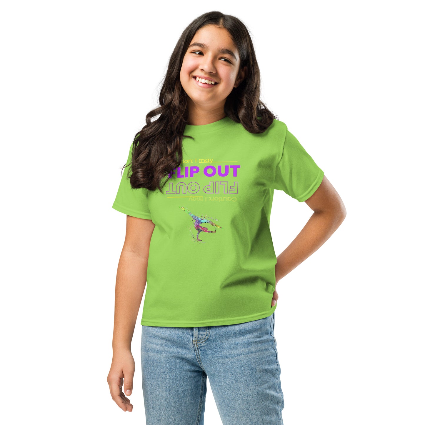 Kids gymnastics t-shirt in lime green with colorful flip-out dancer graphic on front.