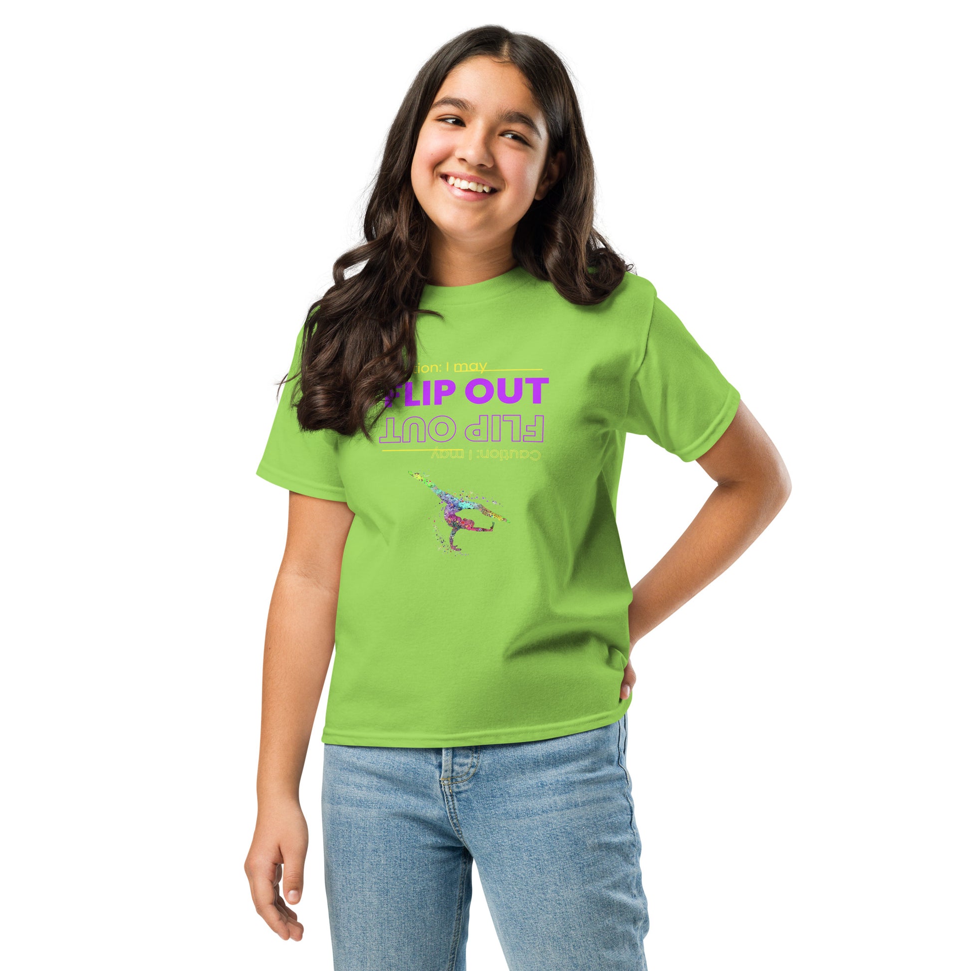 Kids gymnastics t-shirt in lime green with colorful flip-out dancer graphic on front.