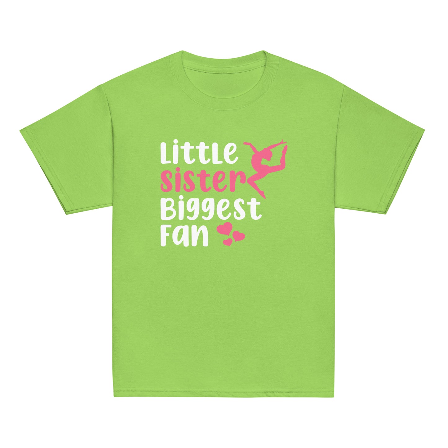 Gymnastics t-shirt in lime green with pink 'Little sister Biggest fan' and gymnast graphic