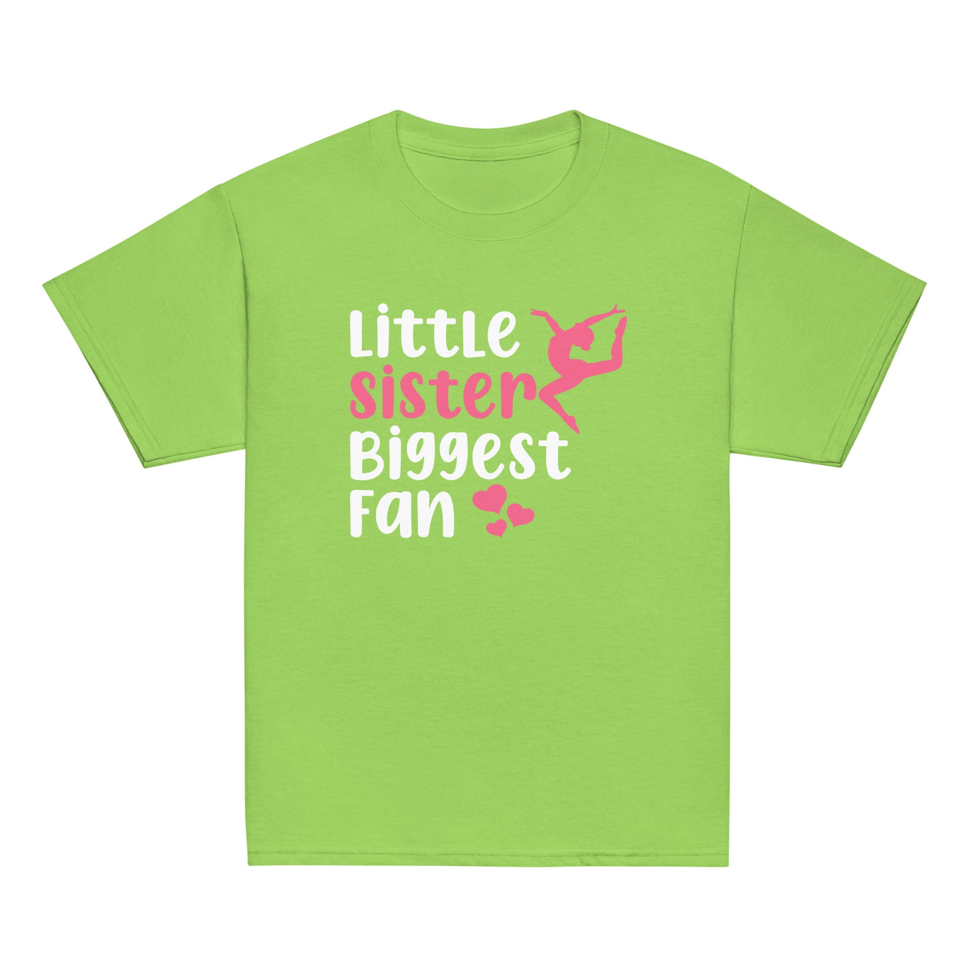 Gymnastics t-shirt in lime green with pink 'Little sister Biggest fan' and gymnast graphic