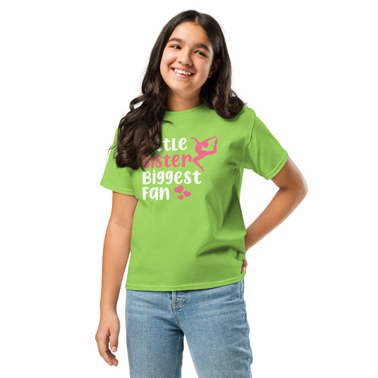 Kids lime green gymnastics T-shirt with pink gymnast icon and “Biggest Fan” text
