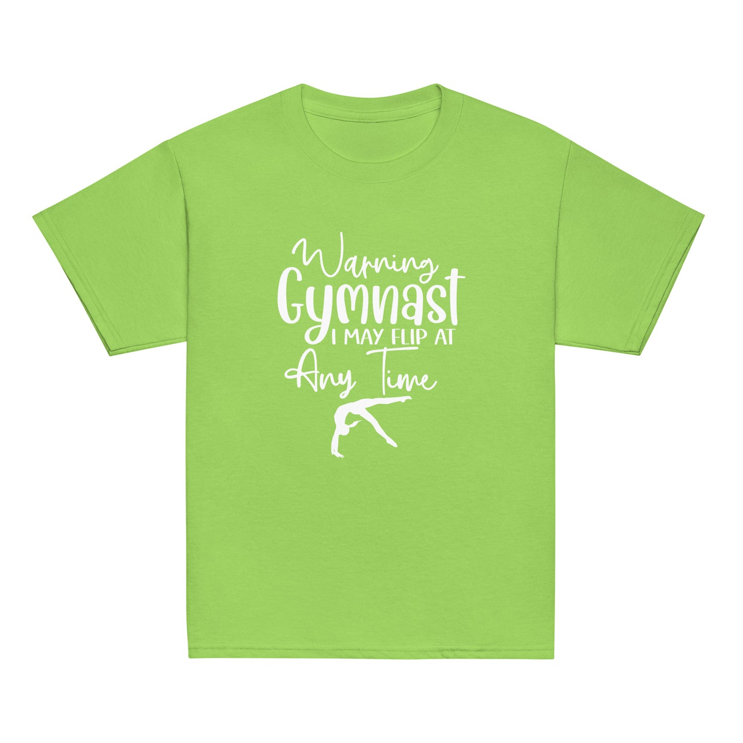 Light green kids gymnast T-shirt with white warning text and gymnast pose graphic on front