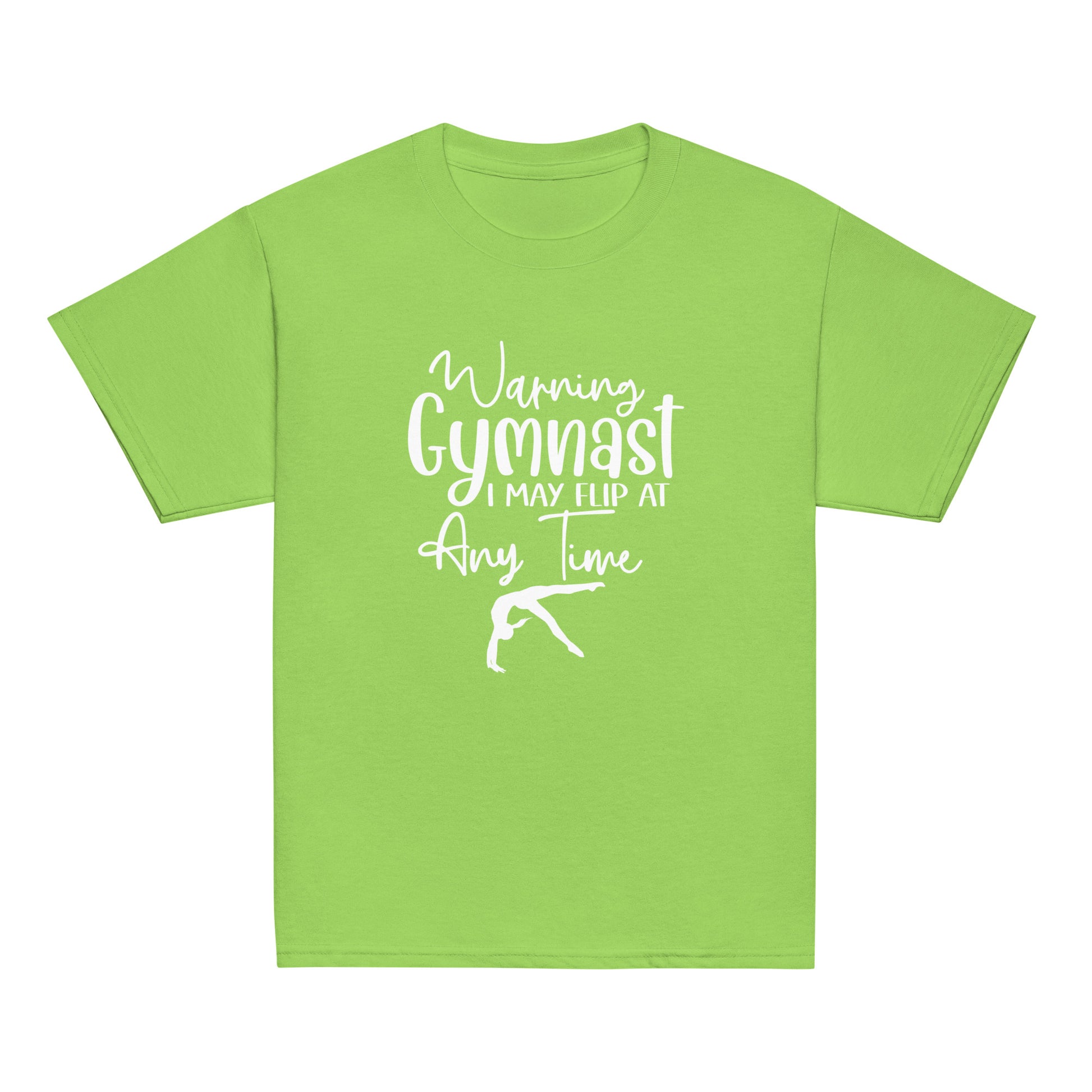 Light green kids gymnast T-shirt with white warning text and gymnast pose graphic on front