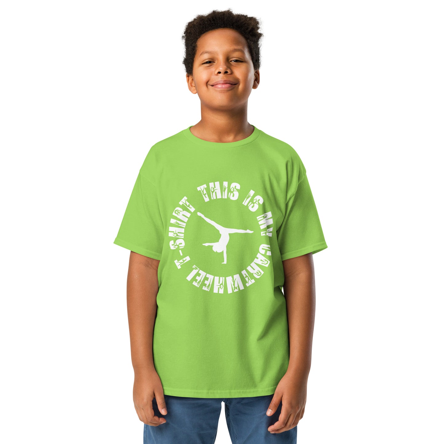 Kids gymnastics T-shirt, lime green with white cartwheel graphic