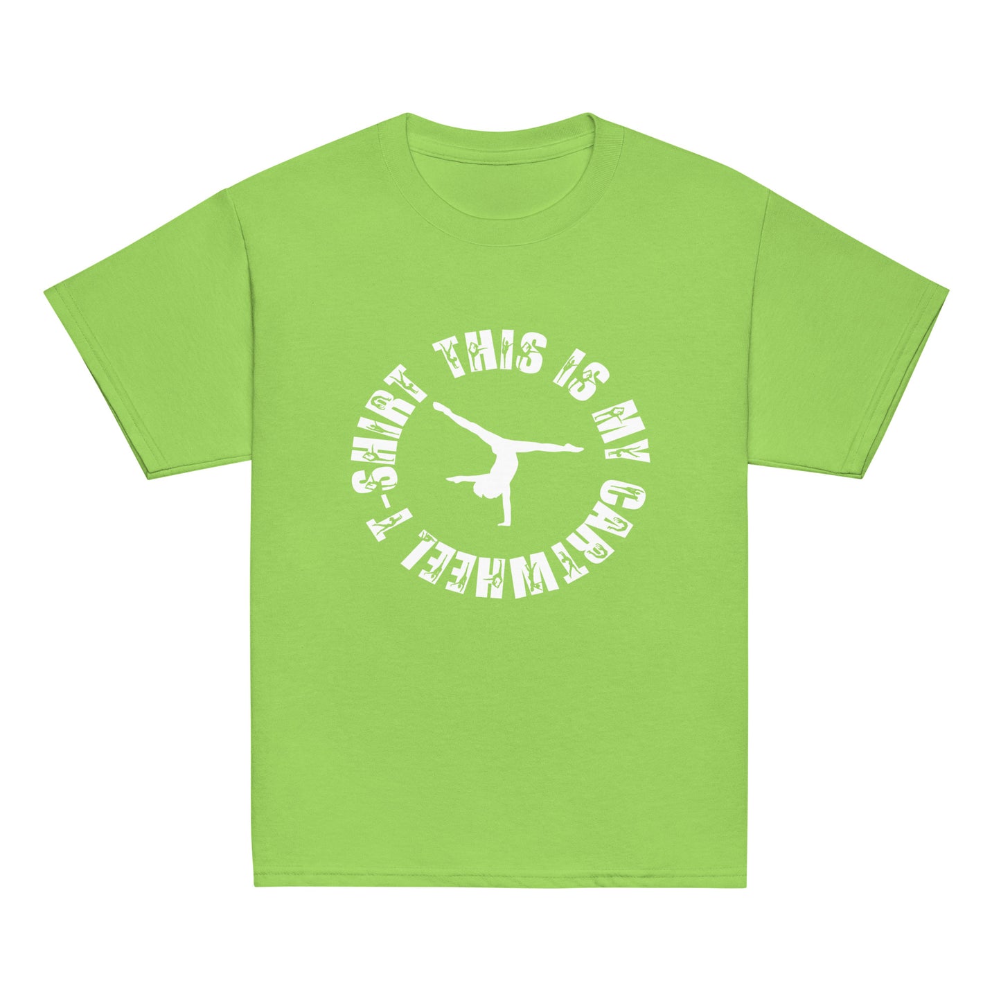 Kids gymnastics T-shirt, lime green with white circular cartwheel graphic