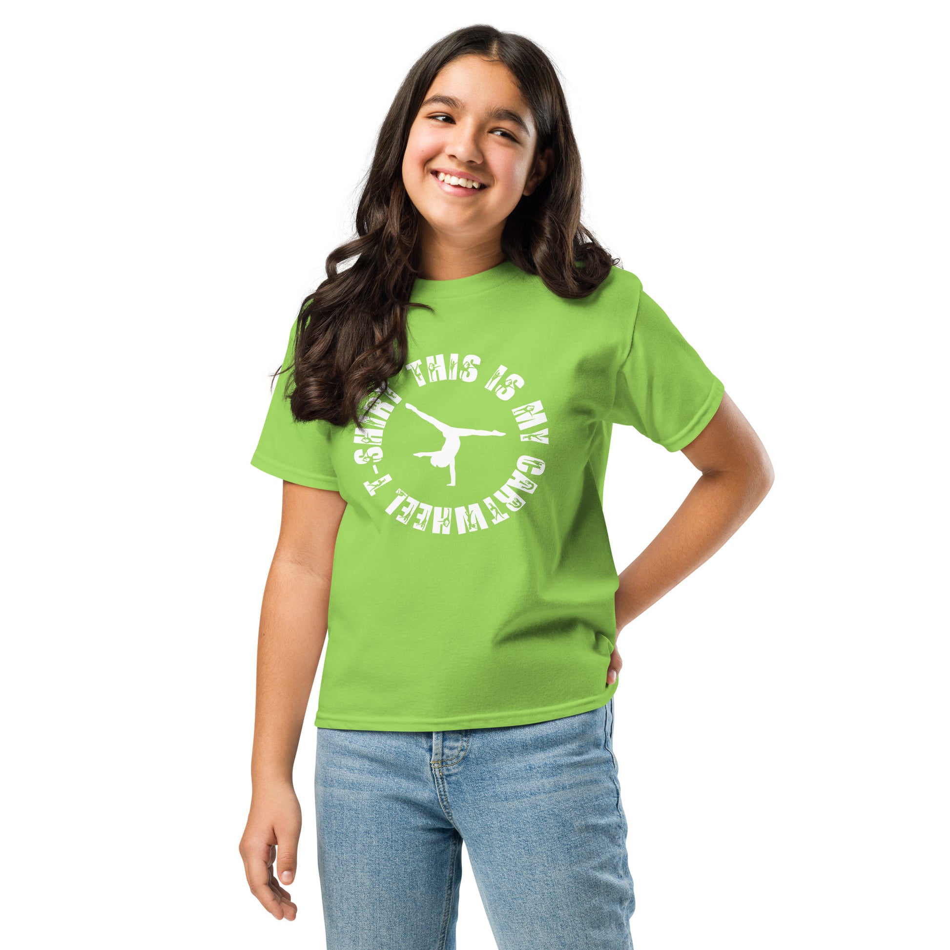 Kids gymnastics T-shirt, lime green with white circular cartwheel graphic