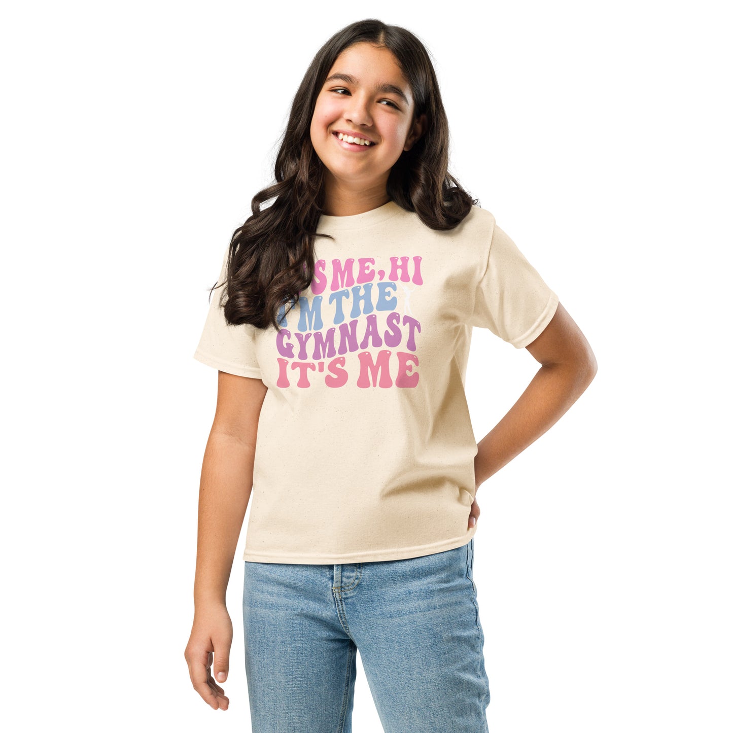 Kids cream gymnast T-shirt with pink graphic text design at center chest