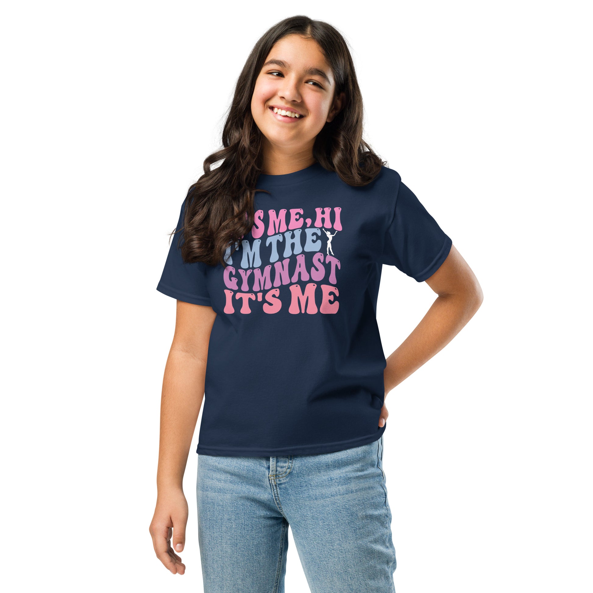 Kids navy gymnast T-shirt with pink graphic text design at center chest