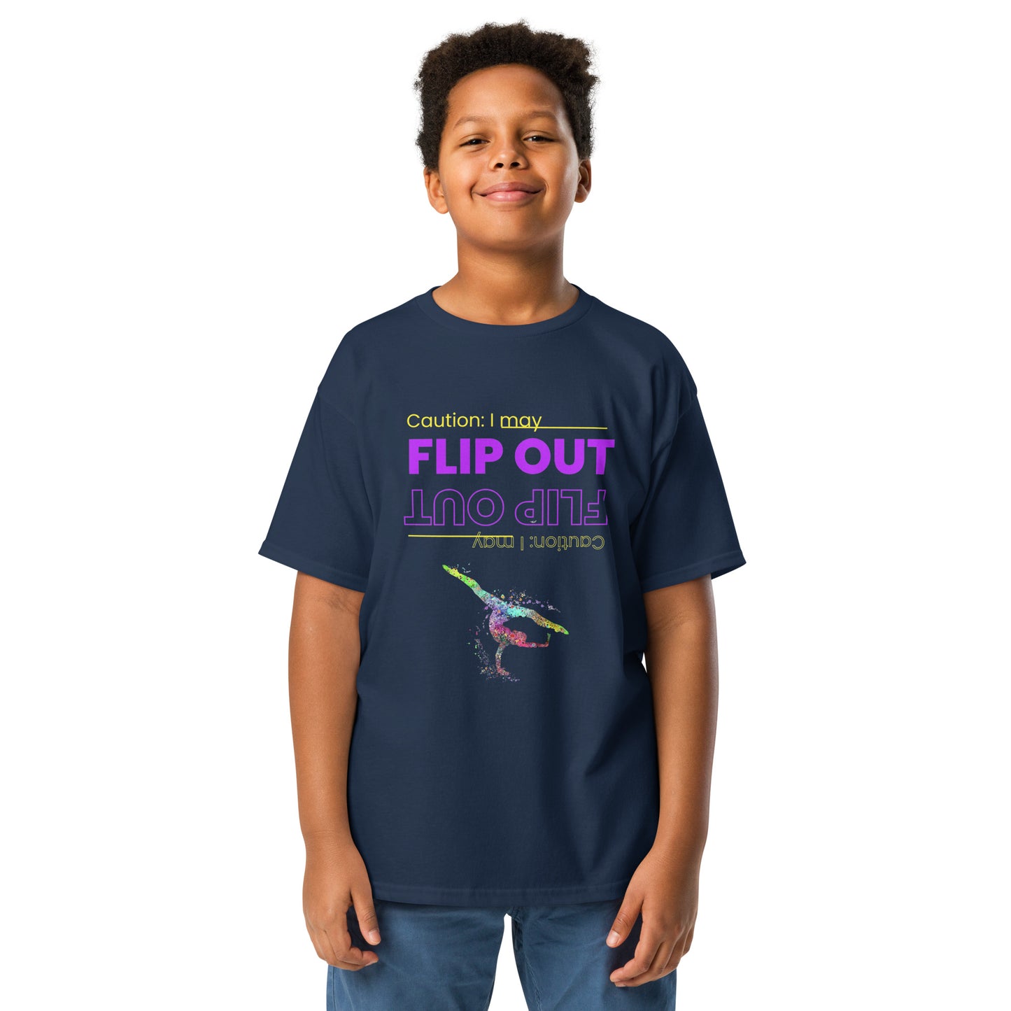 Kids gymnastics T-shirt, navy, 'FLIP OUT' neon graphic with gymnast silhouette