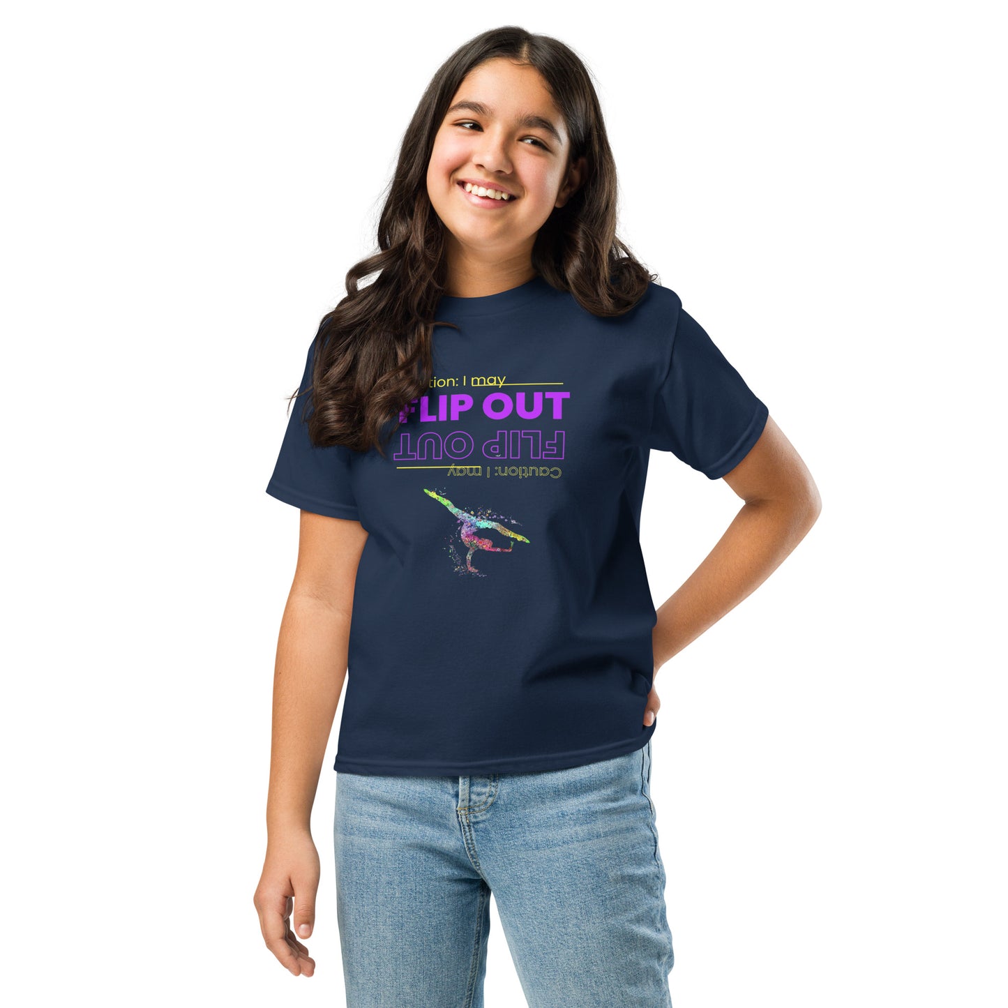 Kids gymnastics t-shirt in navy blue with colorful flip-out dancer graphic on front.
