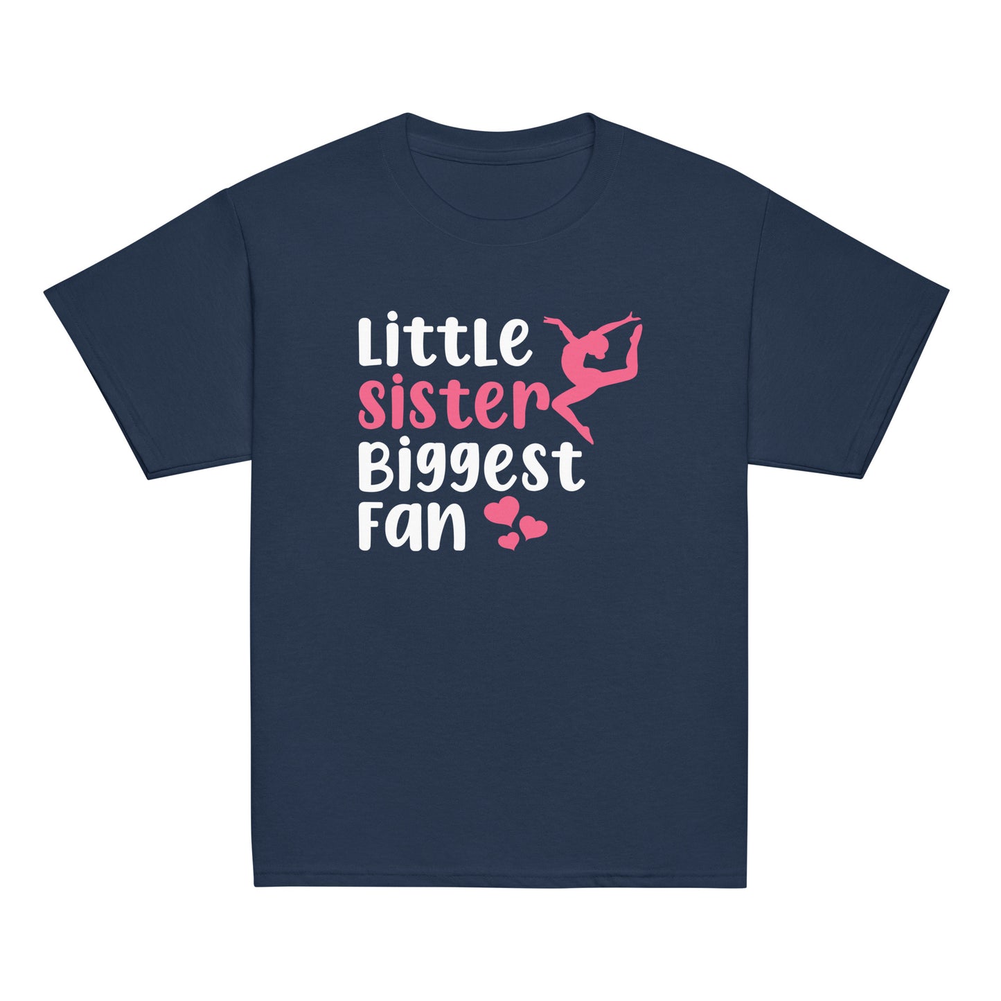 Navy kids gymnastics T-shirt with white “Little sister Biggest fan” graphic and pink details
