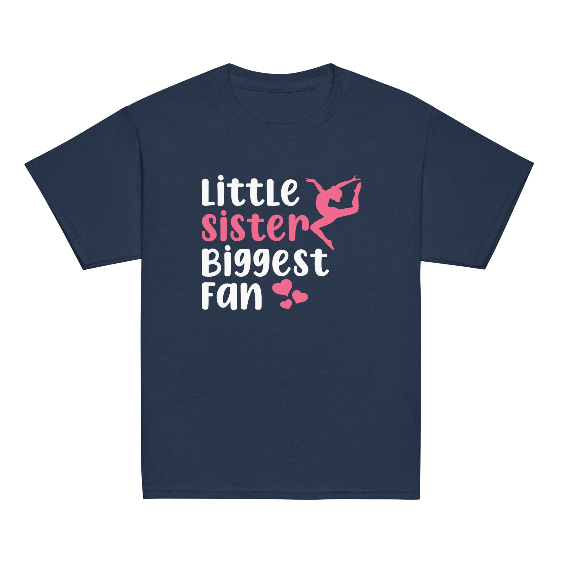 Navy kids gymnastics T-shirt with white “Little sister Biggest fan” graphic and pink details
