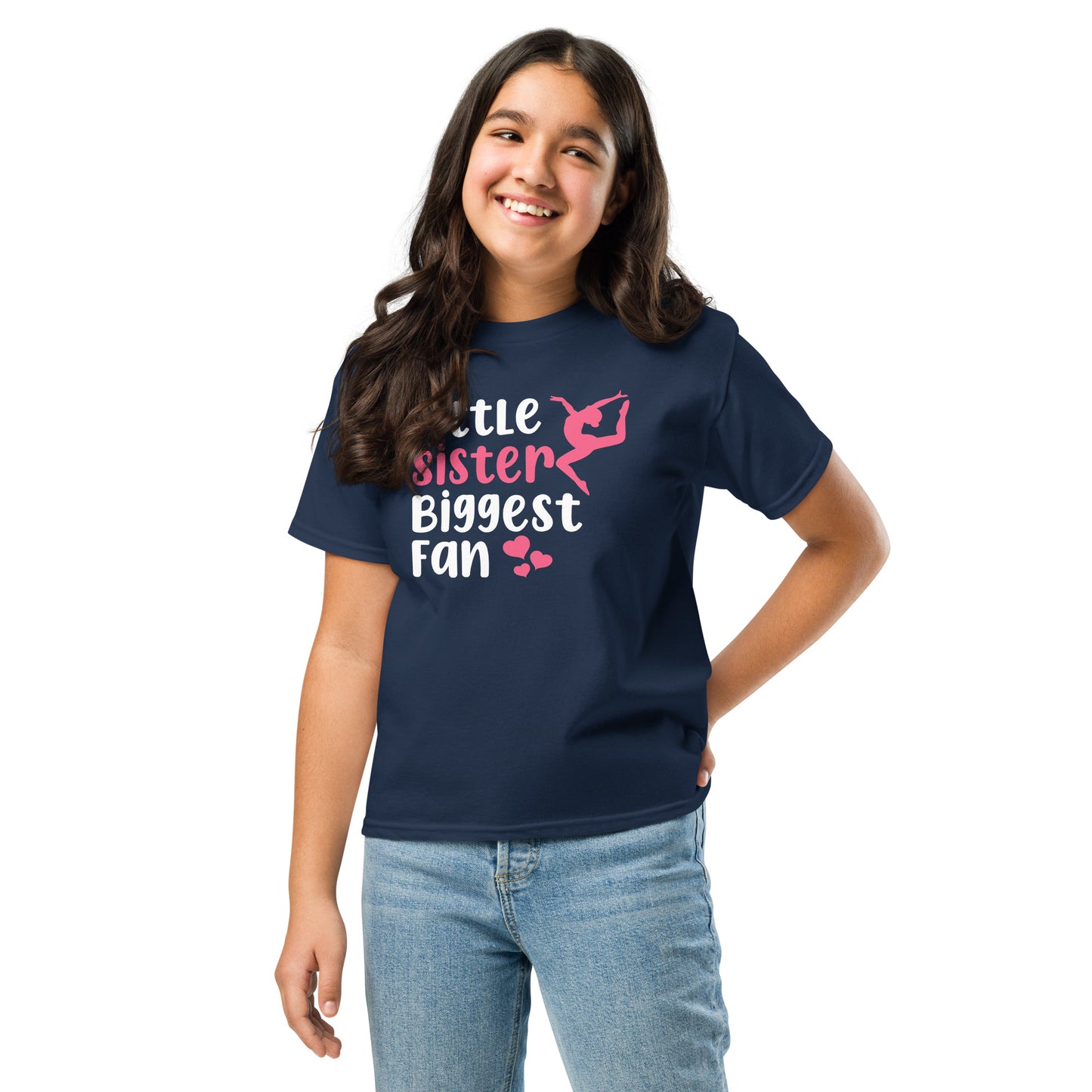 Kids navy blue gymnastics T-shirt with pink gymnast icon and “Biggest Fan” lettering