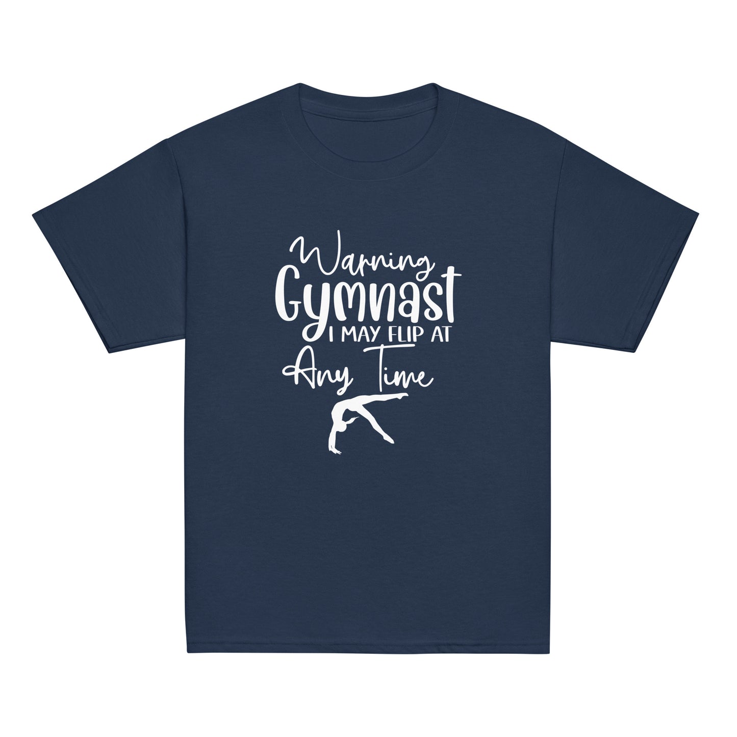 Navy kids gymnast T-shirt with white warning text and gymnast pose graphic on front