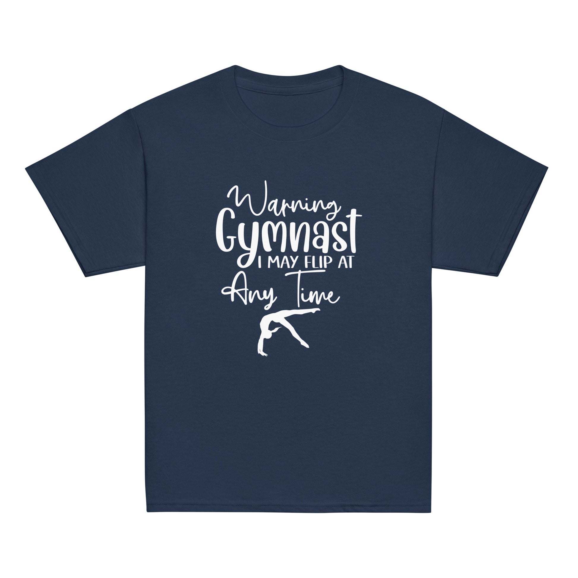 Navy kids gymnast T-shirt with white warning text and gymnast pose graphic on front