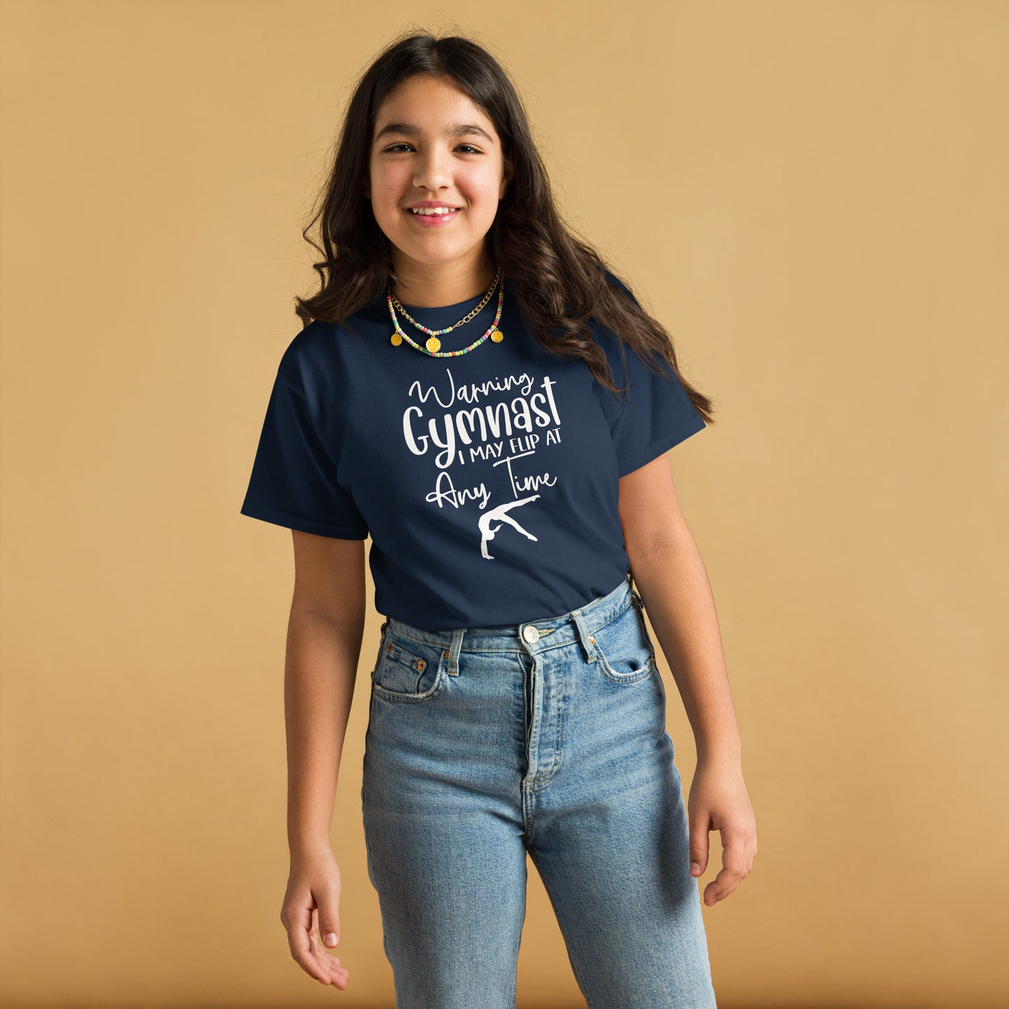 Kids gymnast T-shirt, navy with white warning text and gymnast silhouette graphic