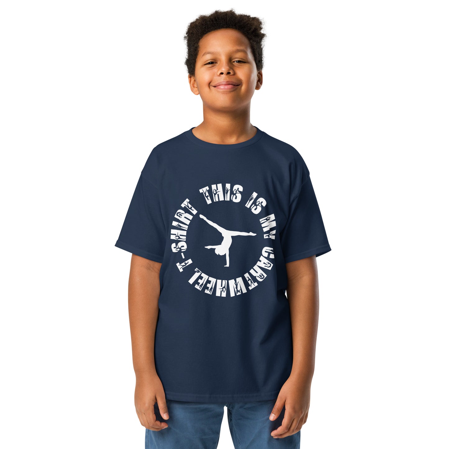 Kids gymnastics T-shirt, navy with white cartwheel graphic