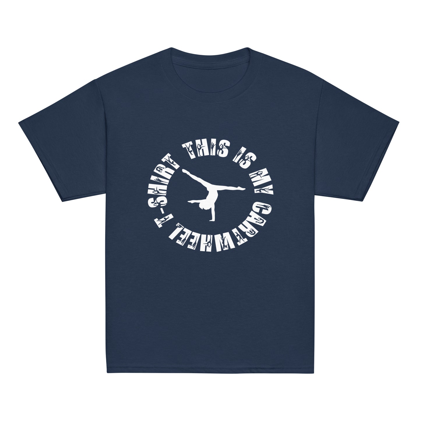 Kids gymnastics T-shirt, navy blue with white circular cartwheel graphic