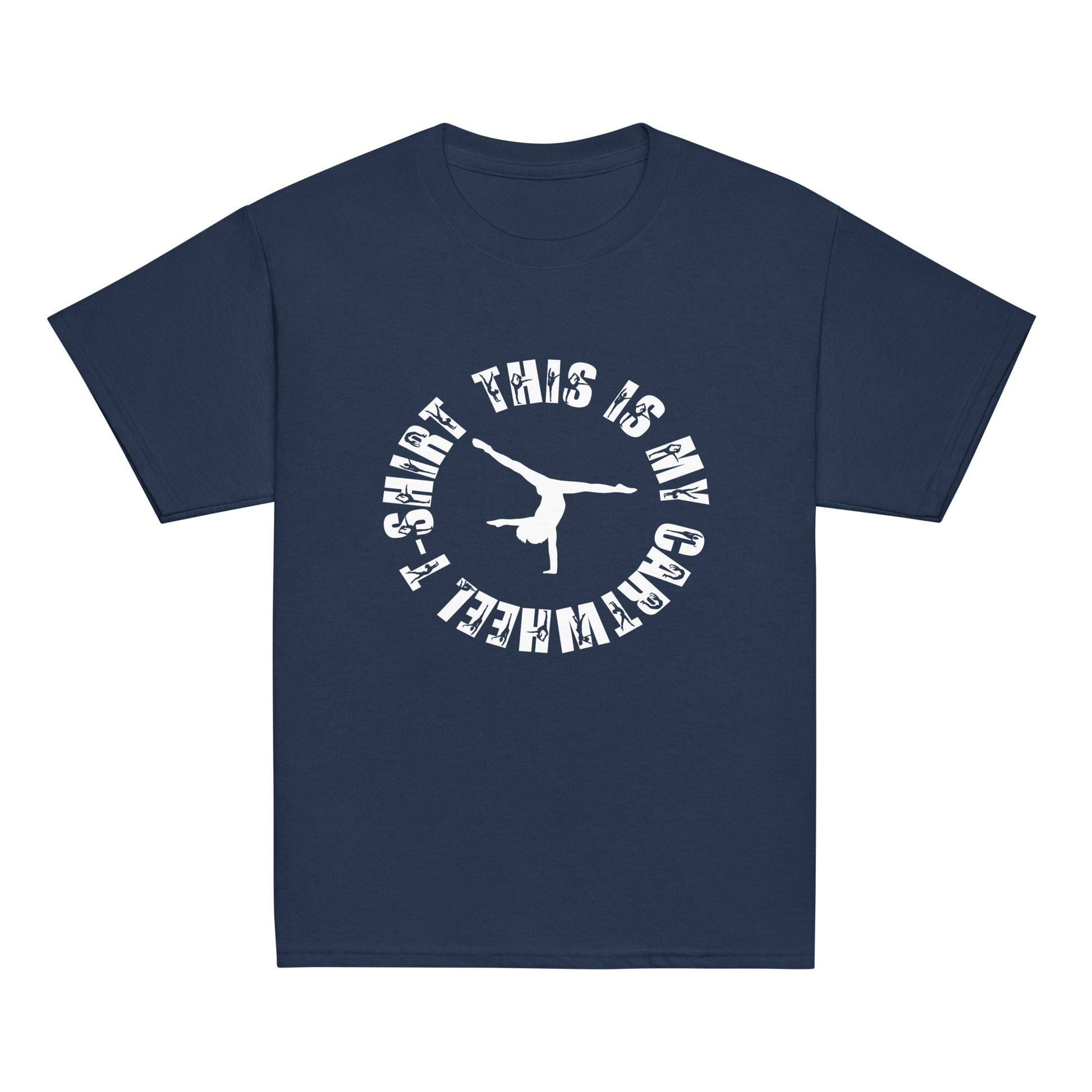 Kids gymnastics T-shirt, navy blue with white circular cartwheel graphic