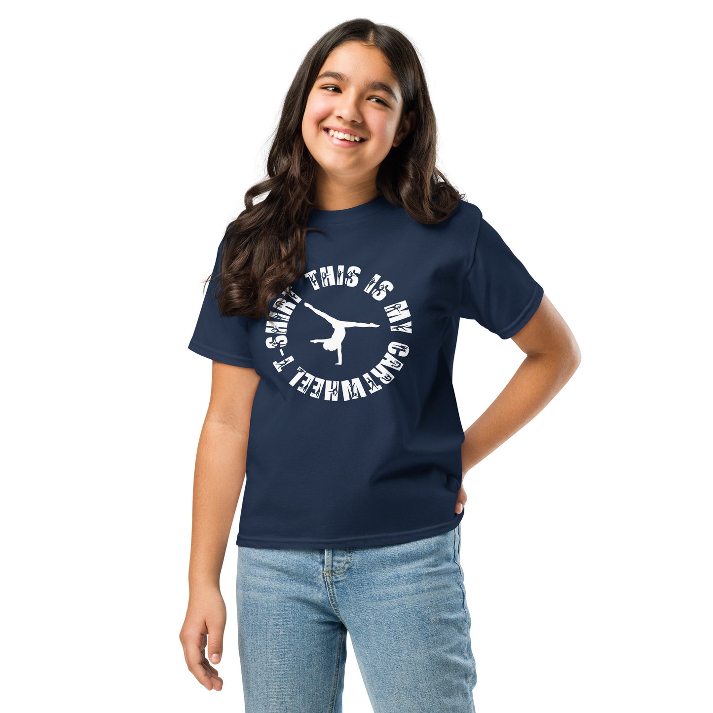 Kids gymnastics T-shirt, navy with white cartwheel graphic, kids standing