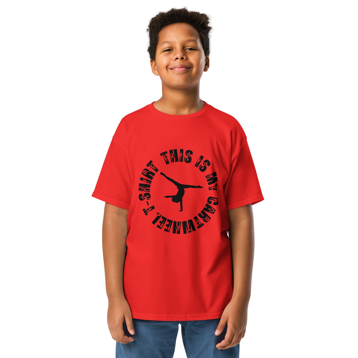Kids gymnastics T-shirt in red with black gymnast silhouette graphic