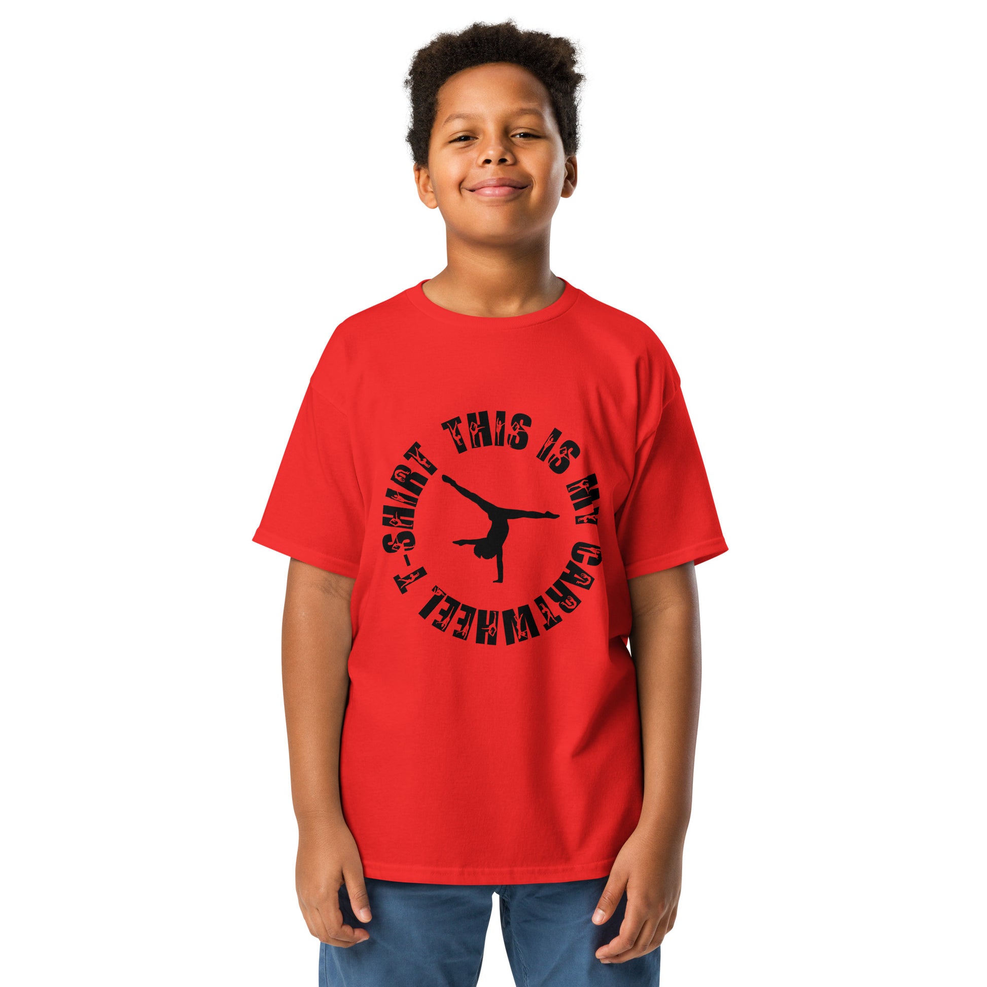 Kids gymnastics T-shirt in red with black gymnast silhouette graphic