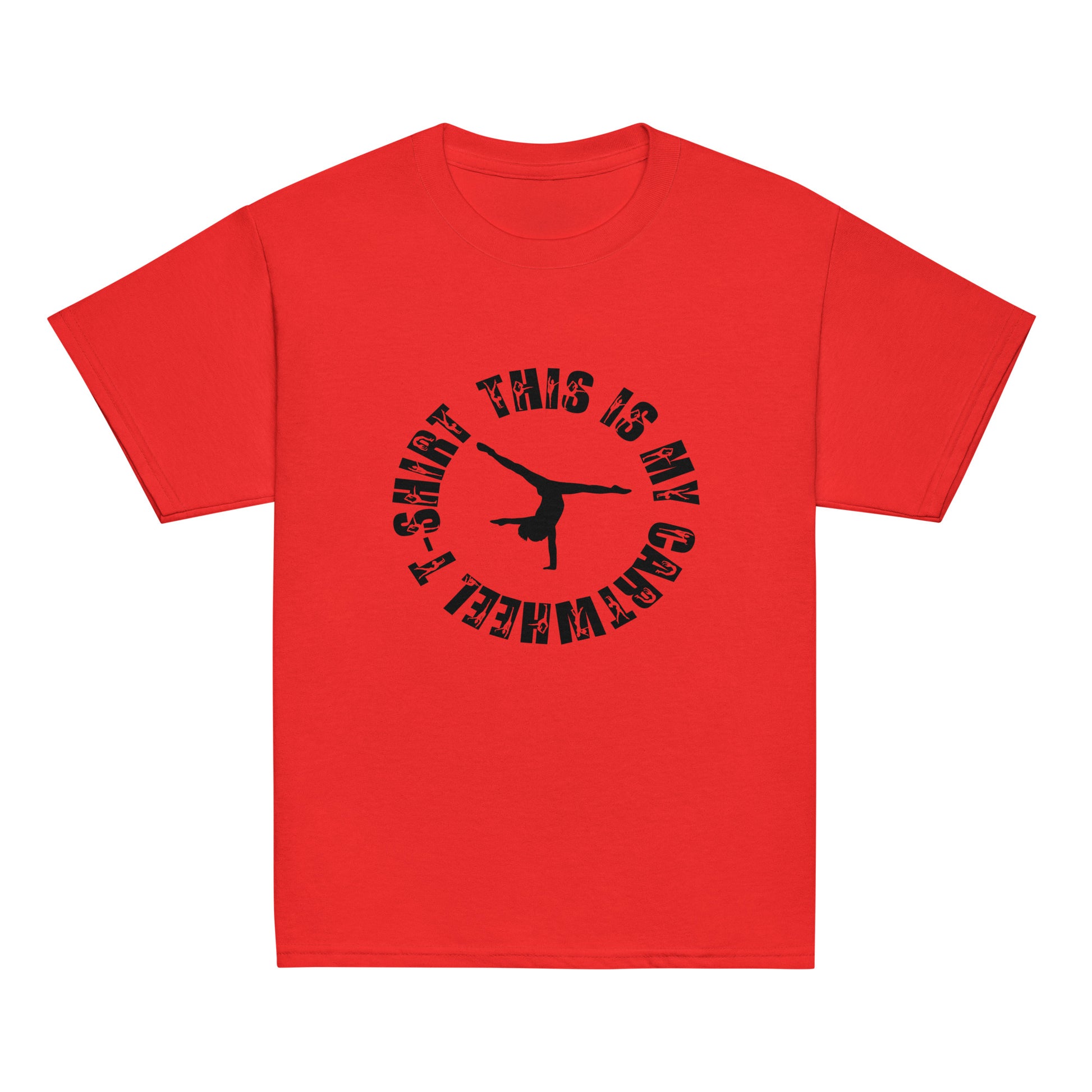 Red kids gymnastics T-shirt with centered black gymnast graphic and ring text.
