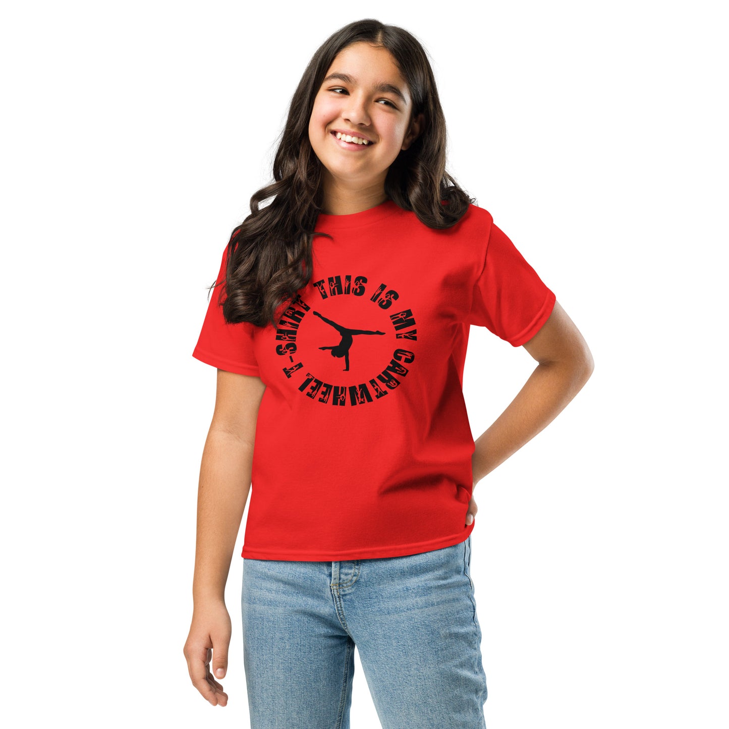 Kids red gymnastics T-shirt with black gymnast graphic on the front chest.