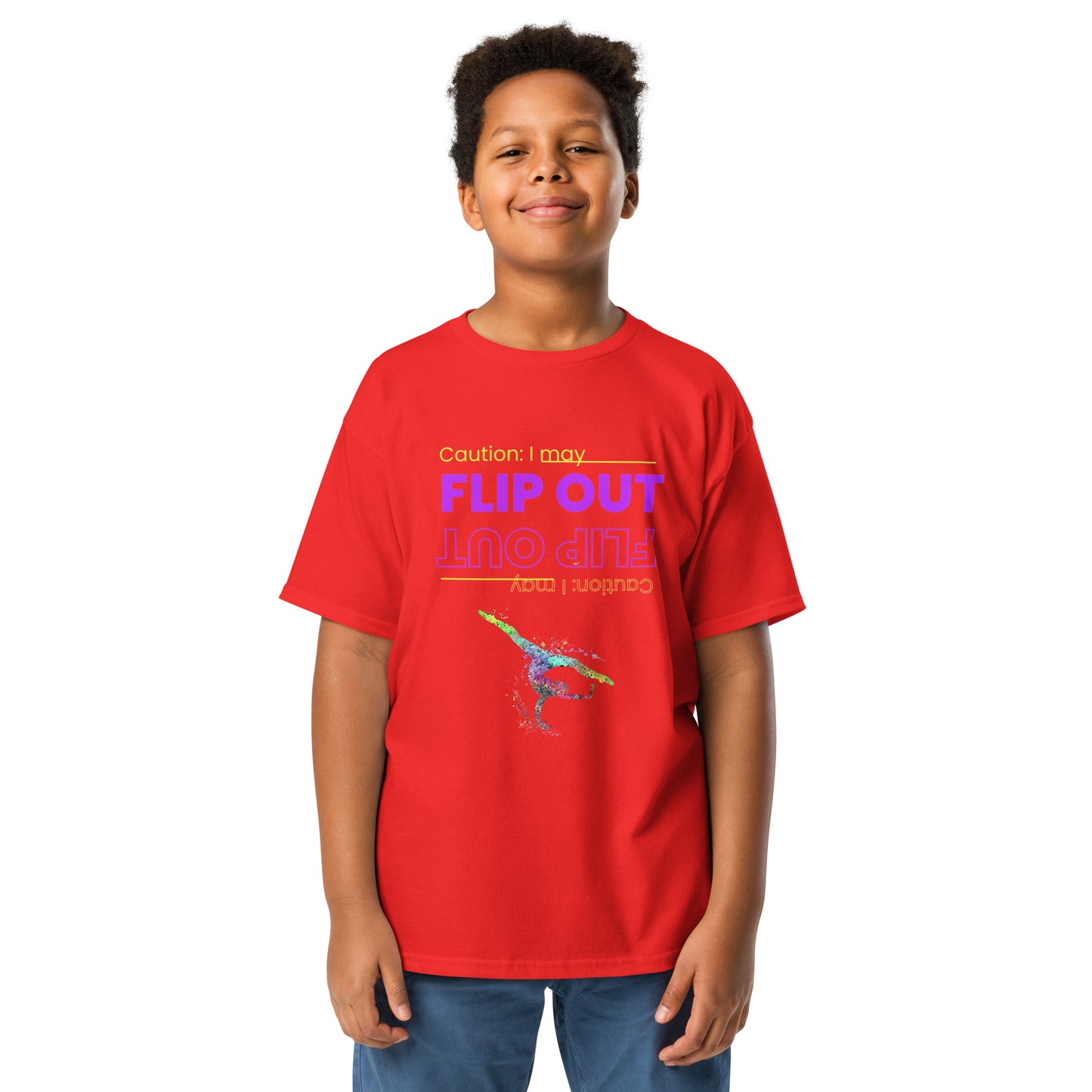 Kids gymnastics T-shirt, red, 'FLIP OUT' neon graphic with gymnast silhouette