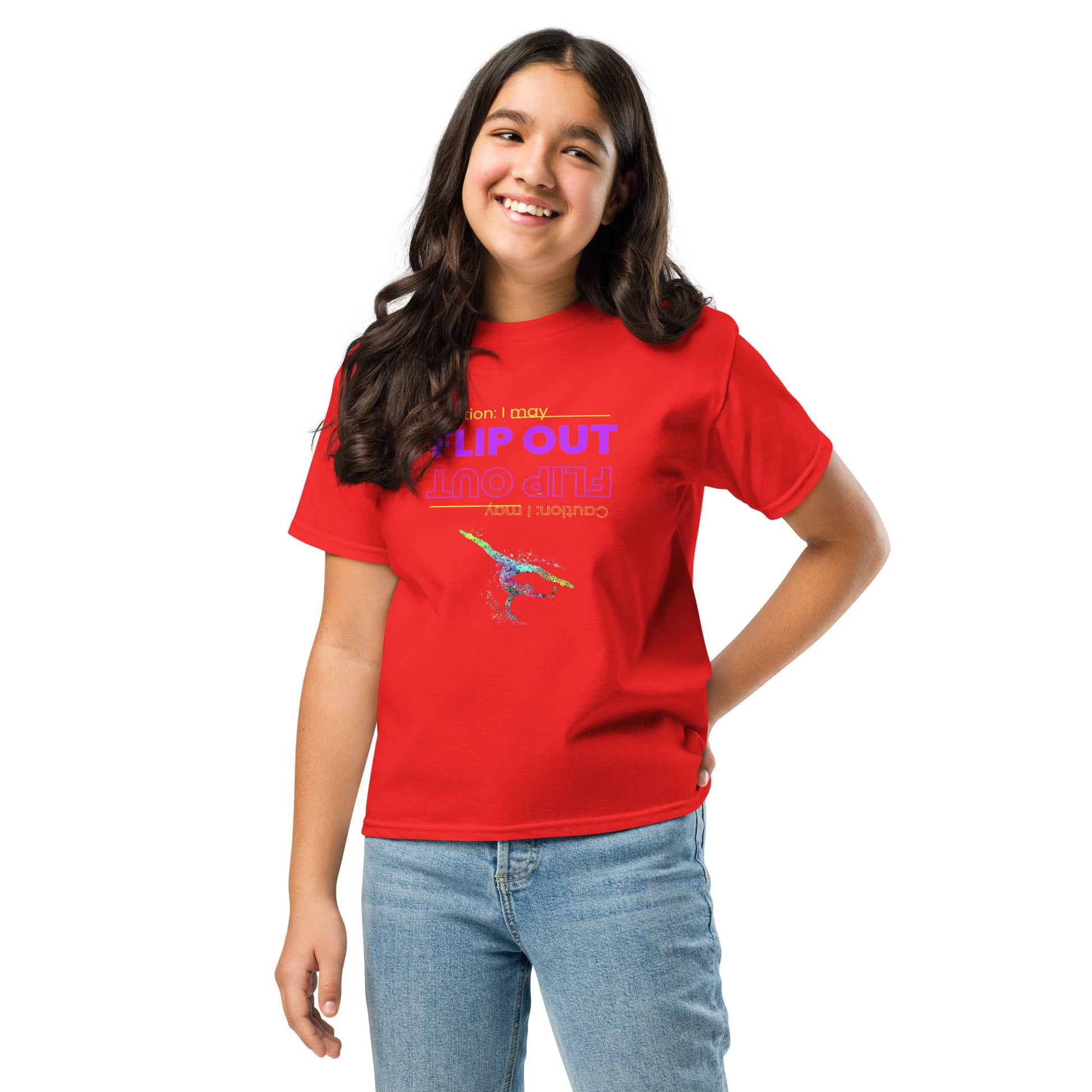 Kids gymnastics t-shirt in red with colorful flip-out dancer graphic on front.