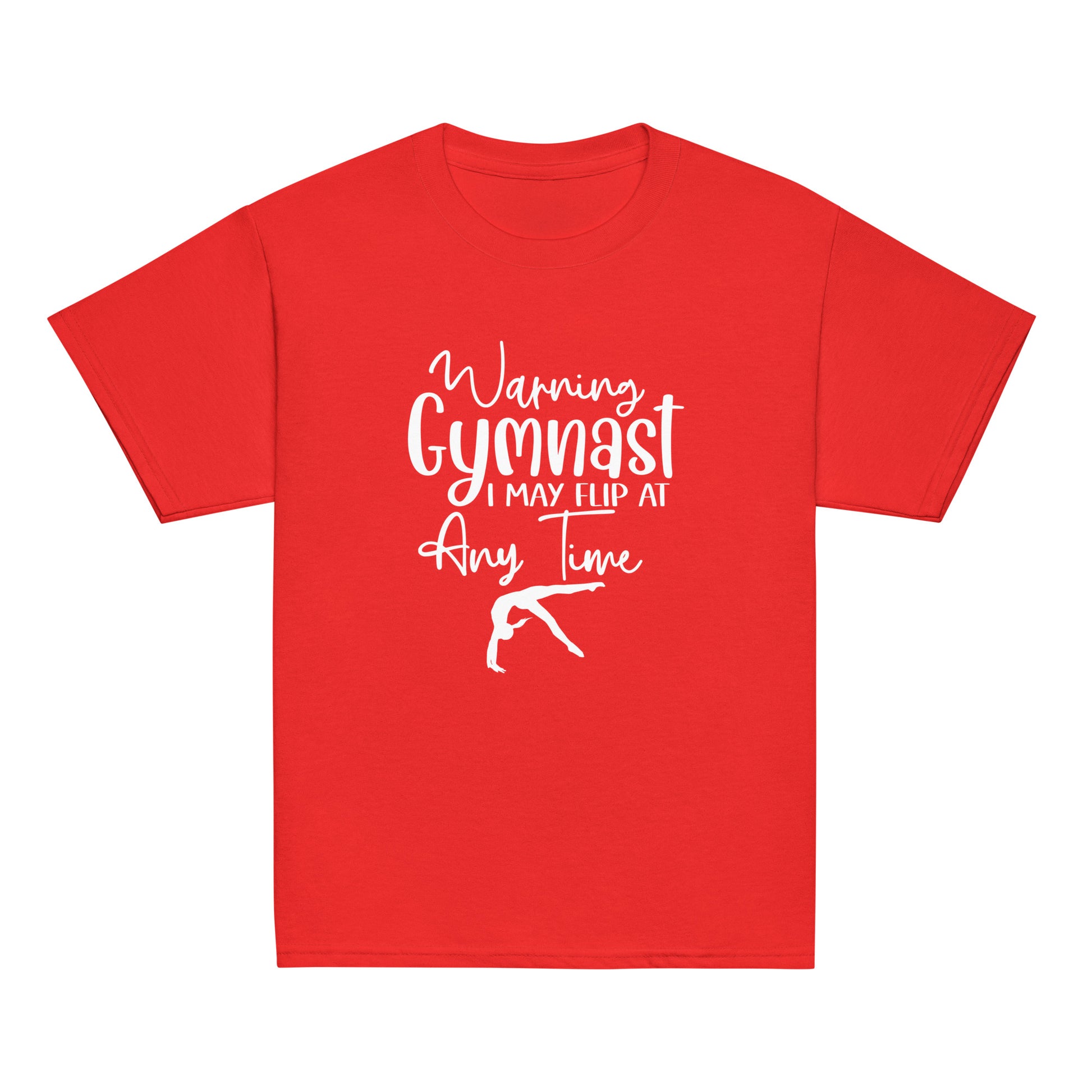 Red kids gymnast T-shirt with white warning text and gymnast pose graphic on front