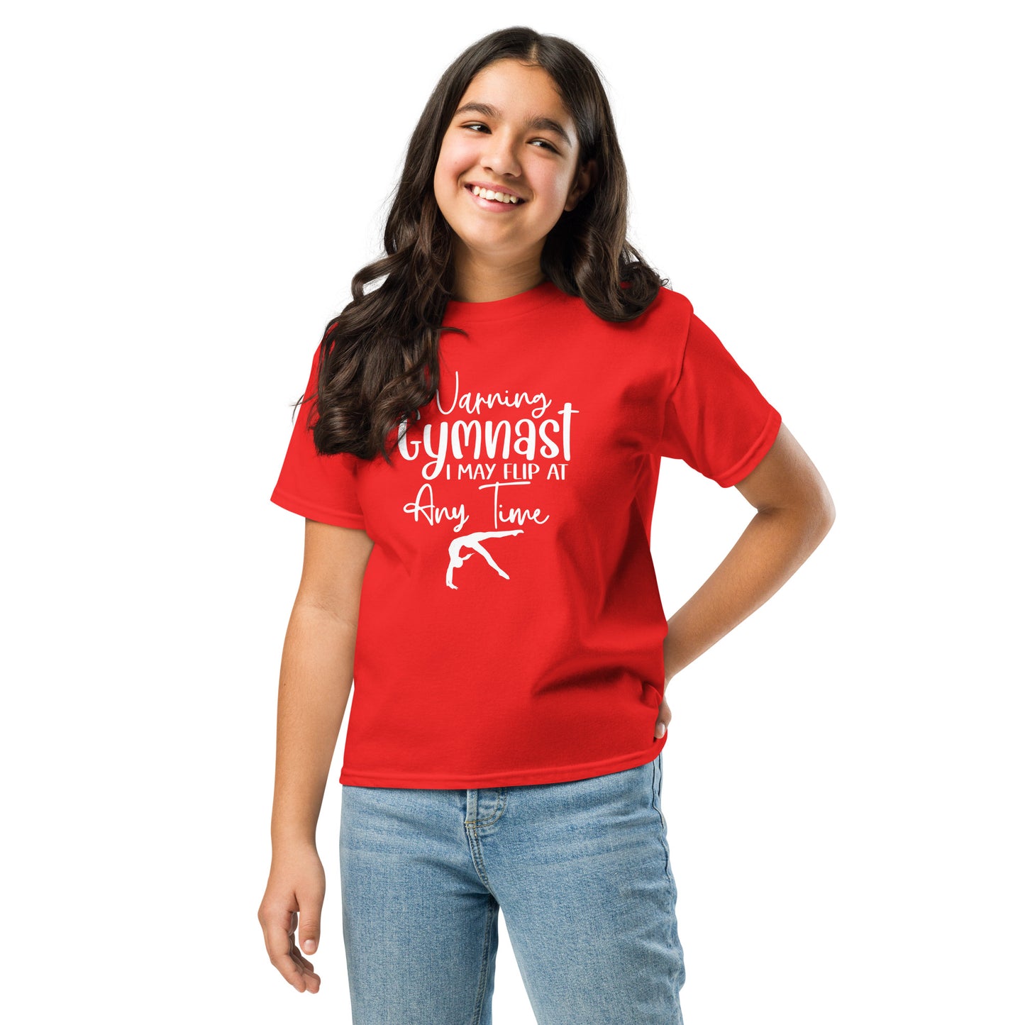 Kids gymnast T-shirt, red with white warning text and gymnast silhouette graphic