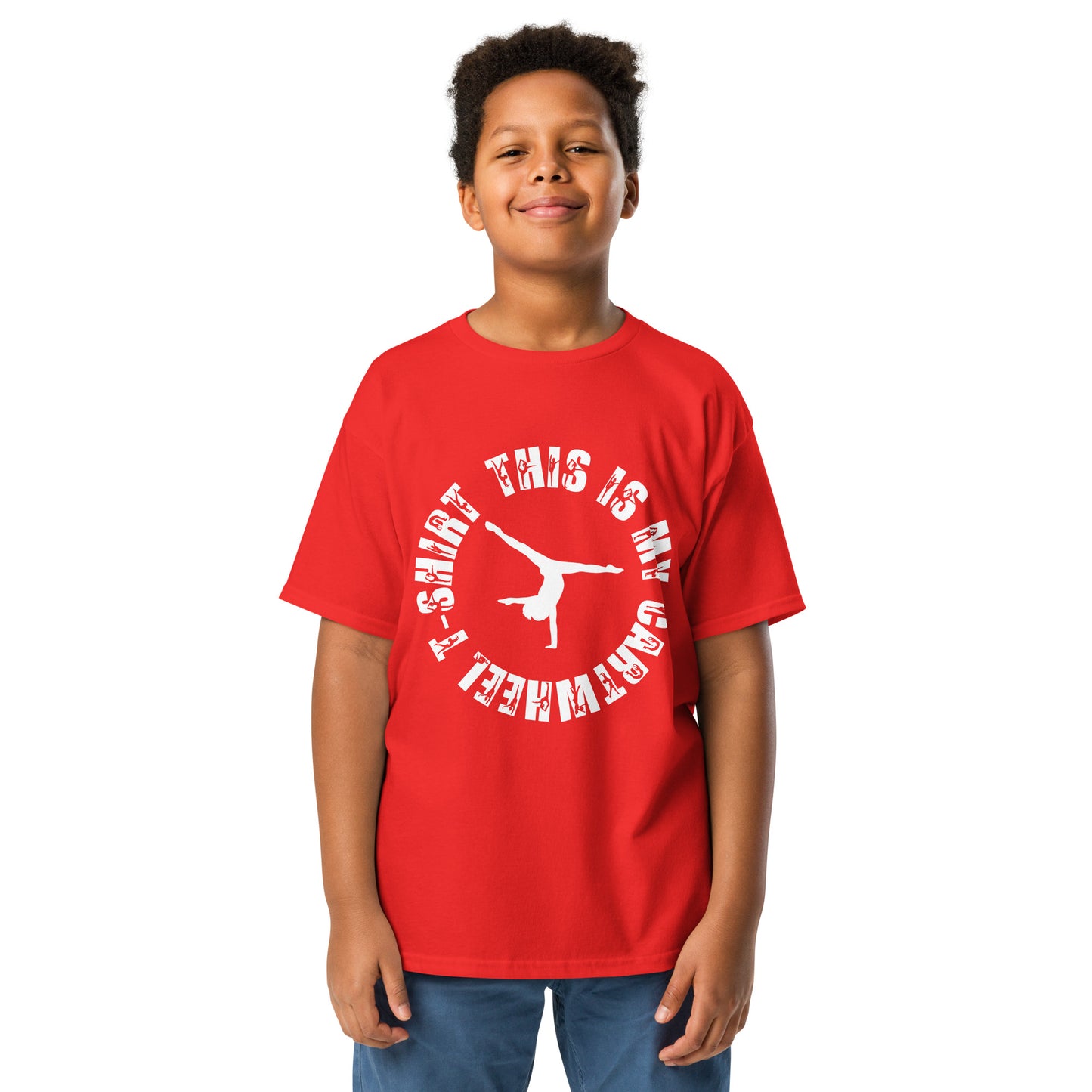 Kids gymnastics T-shirt, red with white cartwheel graphic
