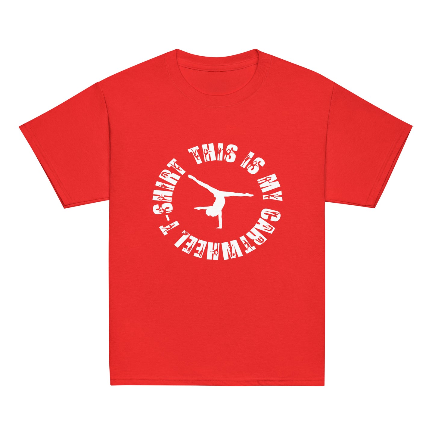Kids gymnastics T-shirt, red with white circular cartwheel graphic
