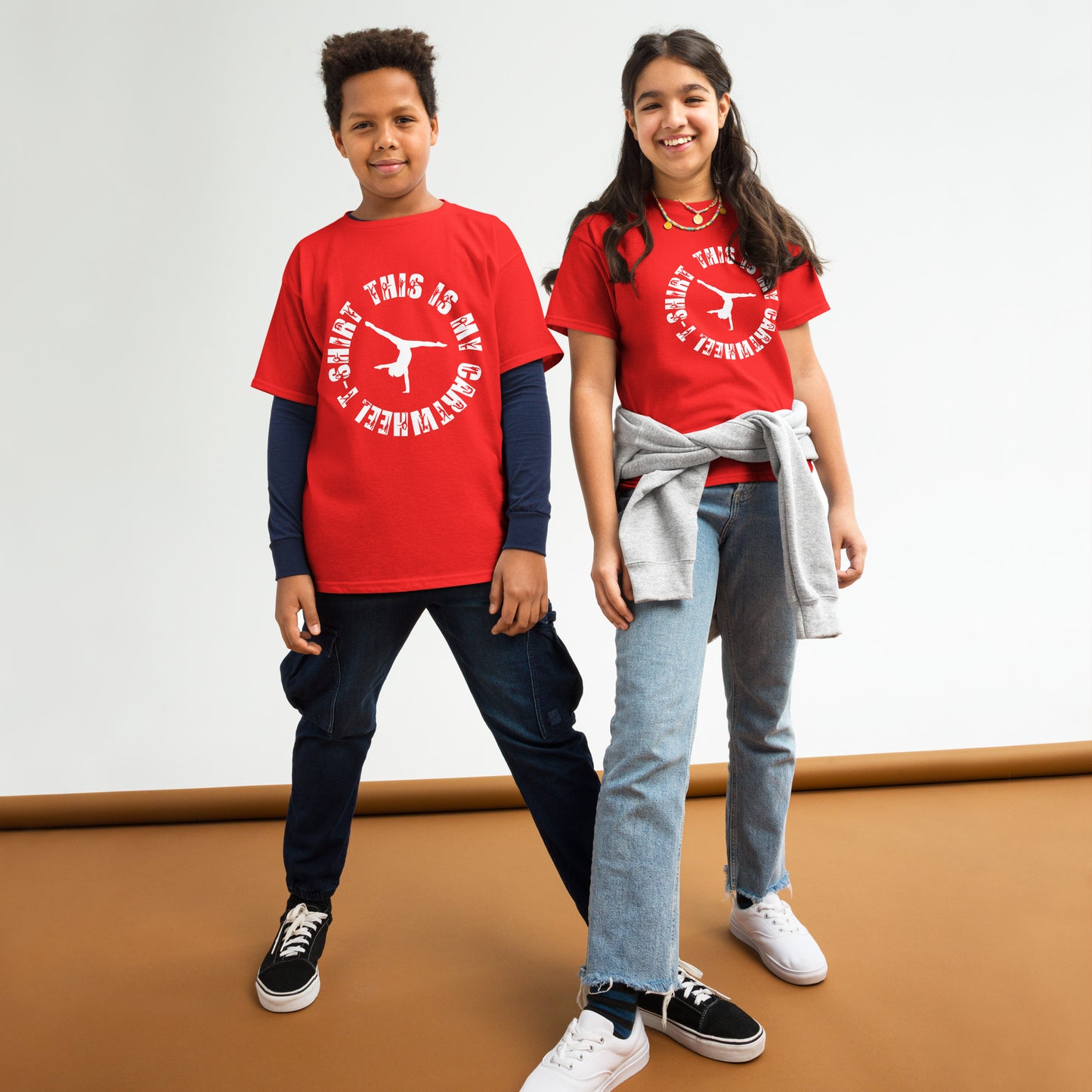 Kids red gymnast T-shirt with white circular dancer graphic and crew neck