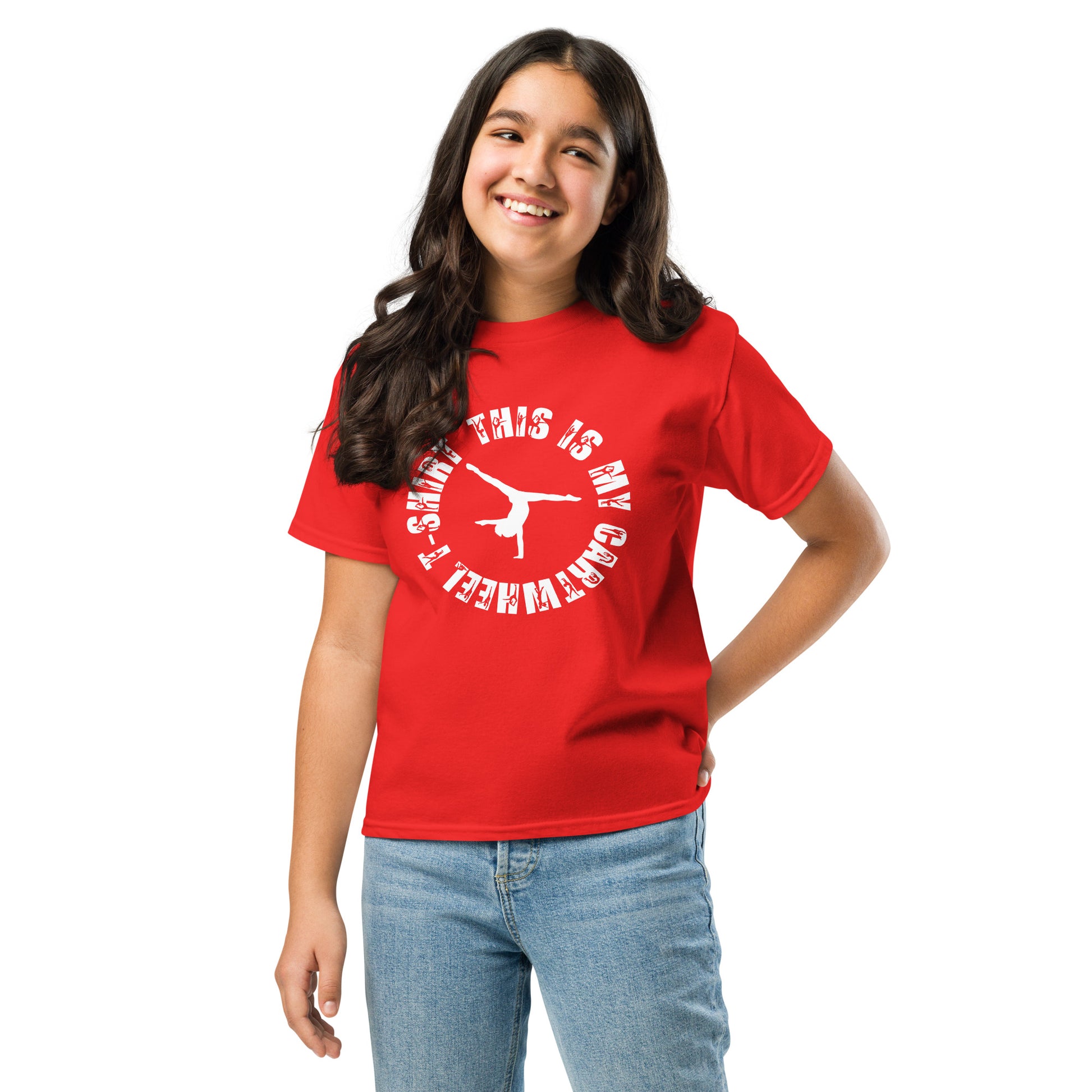 Kids gymnastics T-shirt, red with white circular cartwheel graphic