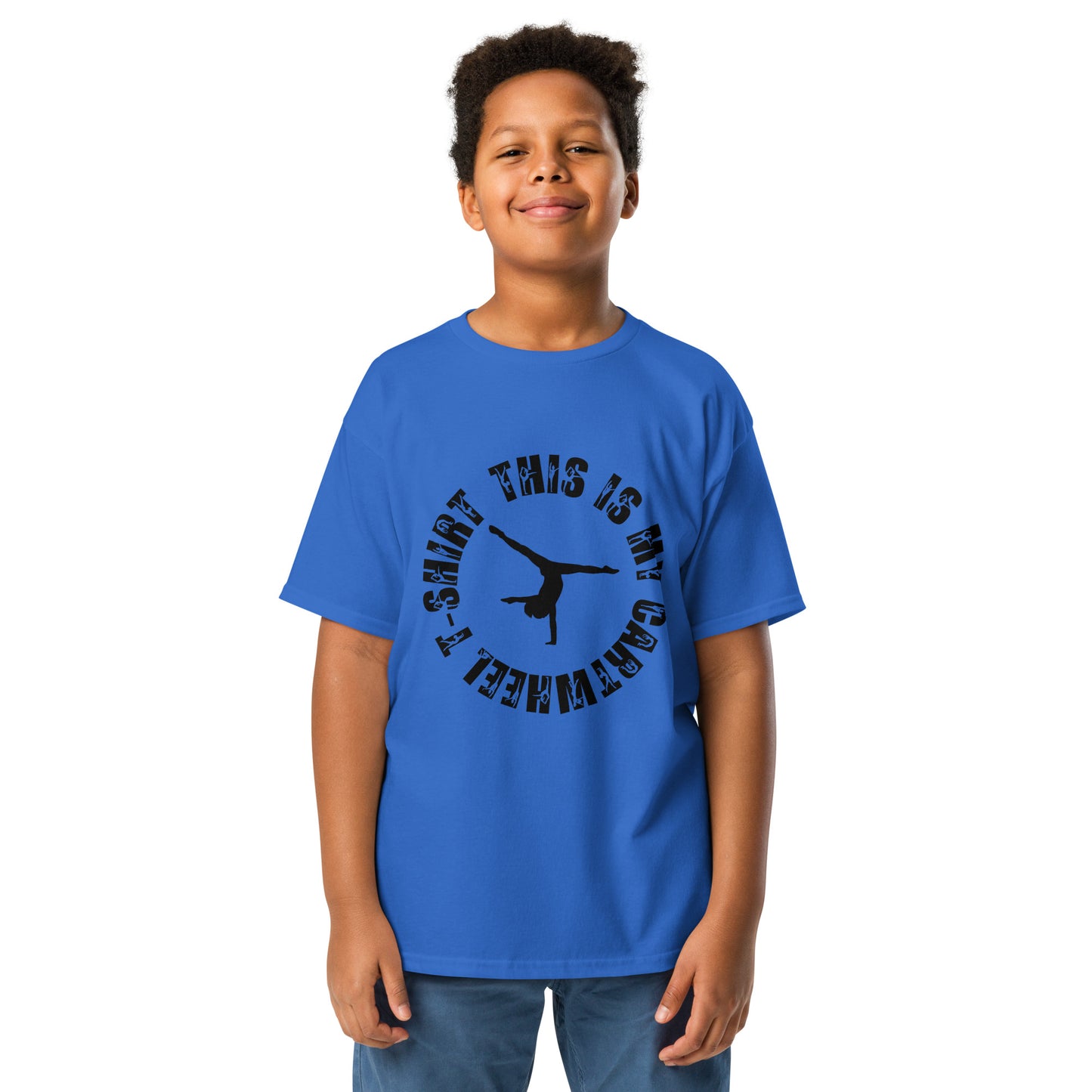 Kids gymnastics T-shirt in blue, short sleeves, black dancer graphic